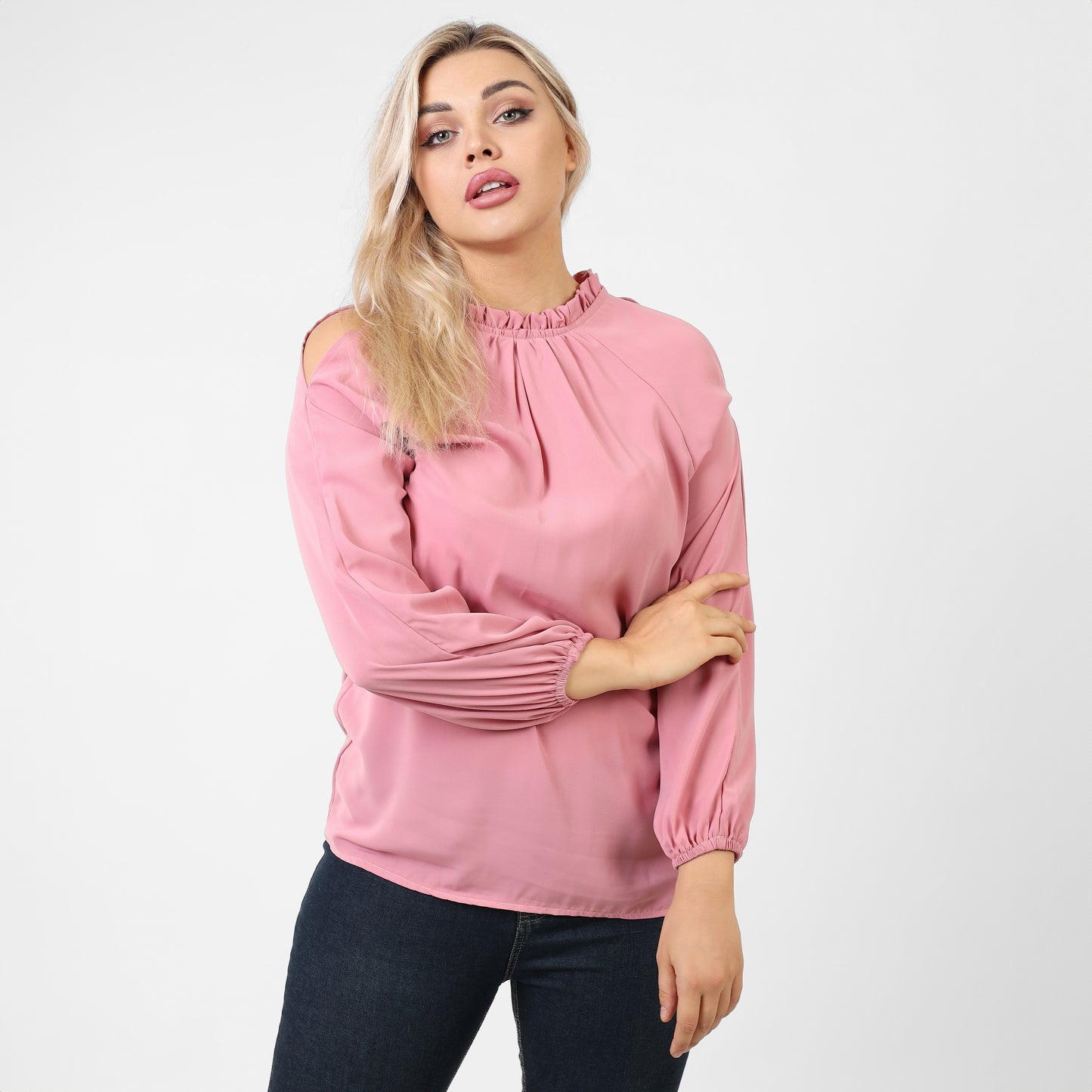La Reine Rose Off-the-shoulder Frill Trimmed Blouse