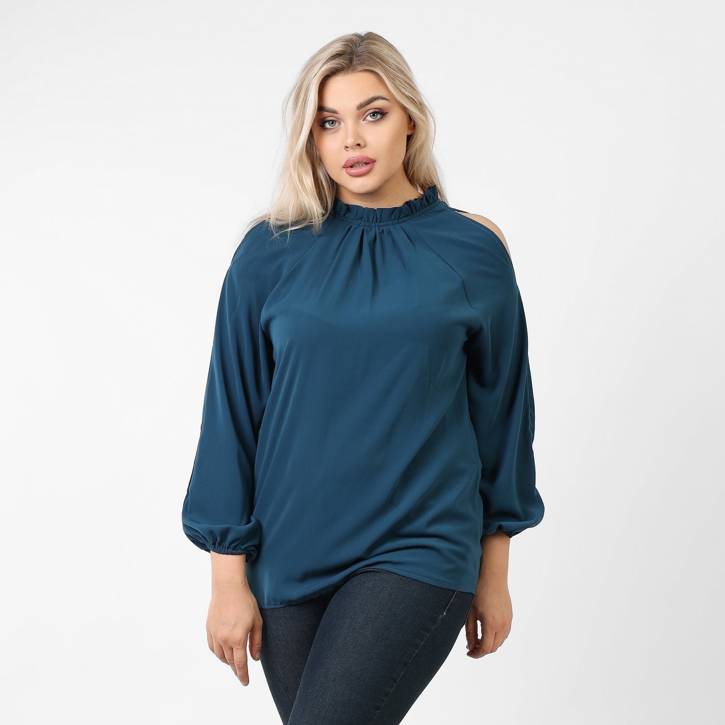 La Reine Solid Off-the-shoulder Frill Trimmed Blouse