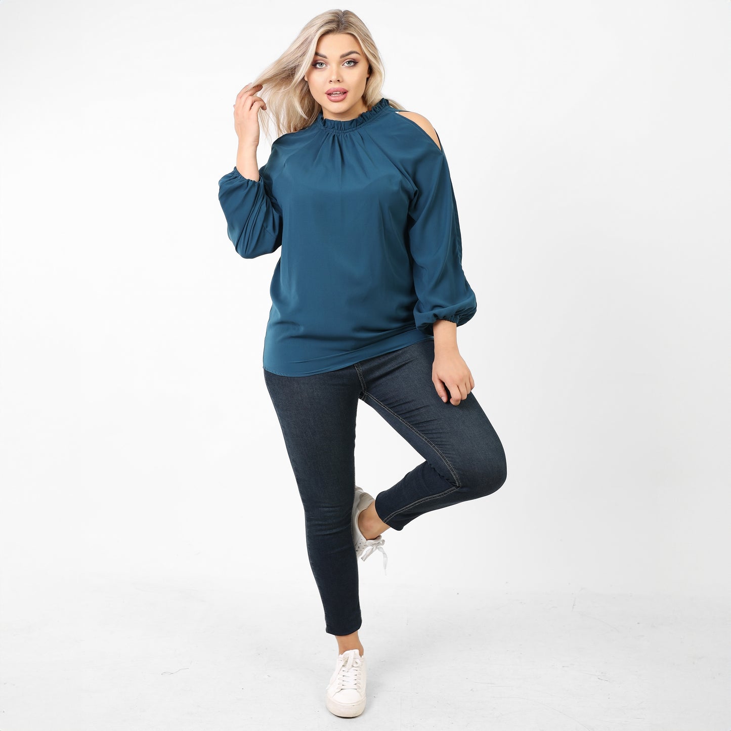 La Reine Solid Off-the-shoulder Frill Trimmed Blouse