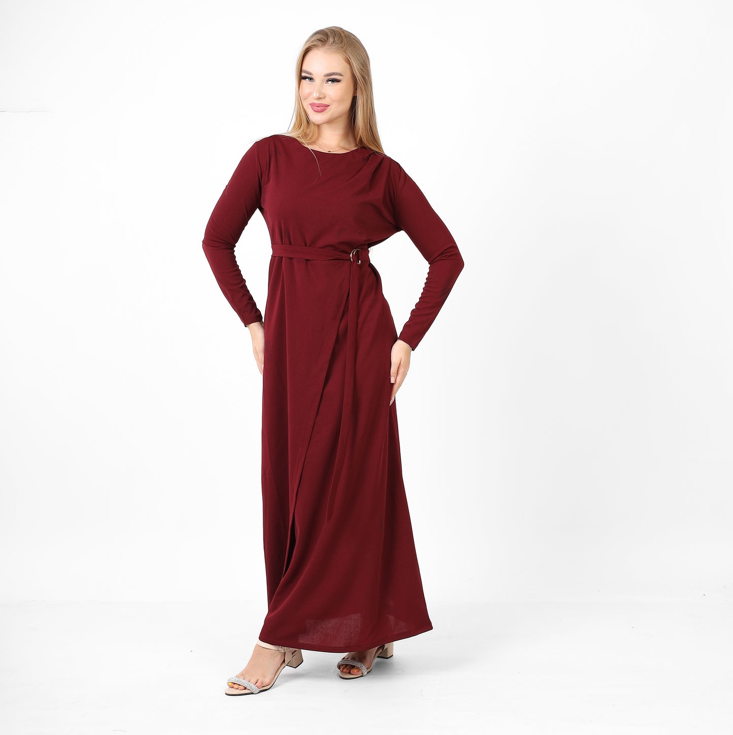 La Reine Neck Solid Long Sleeve Maxi Burgundy Dress With Belt