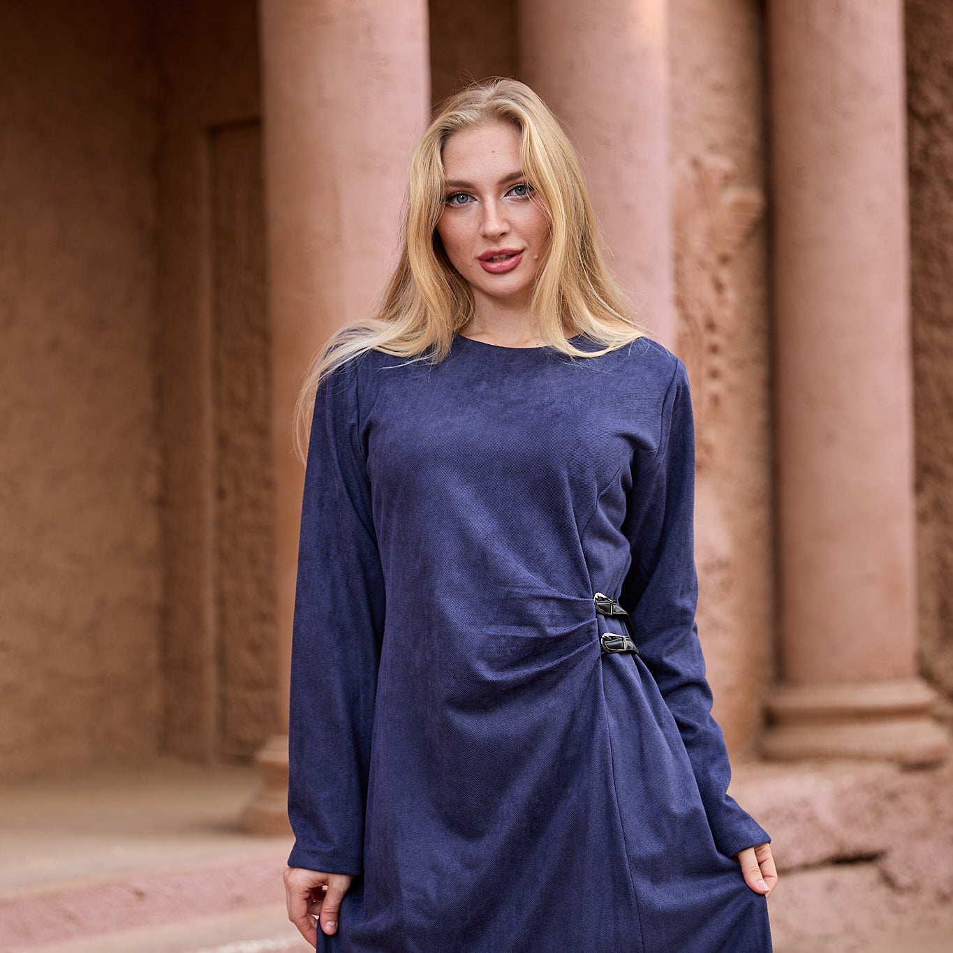 La Reine Navy Blue Modest Maxi Suede Dress with Cinched Detail