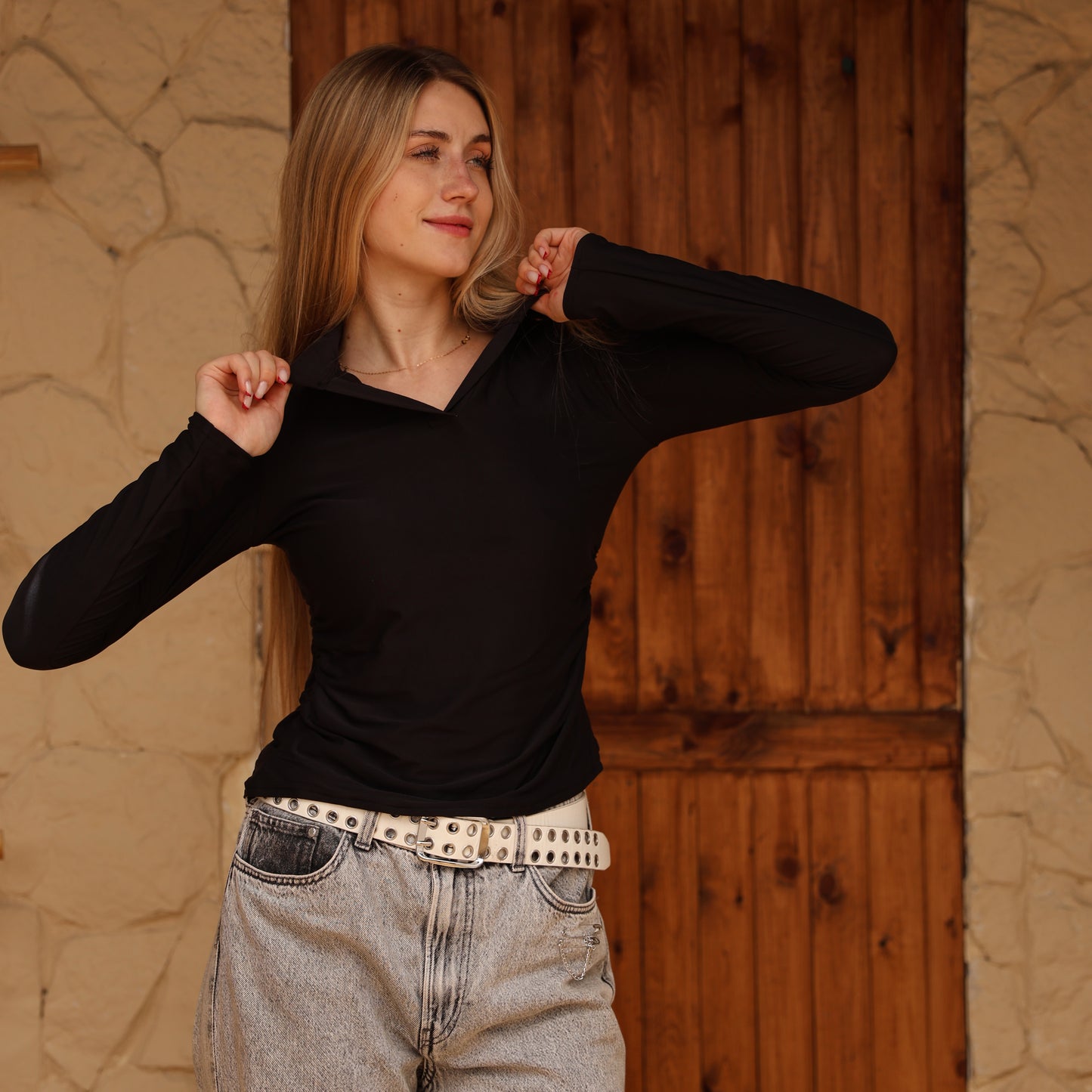 La Reine Black Long Sleeve Polo Top