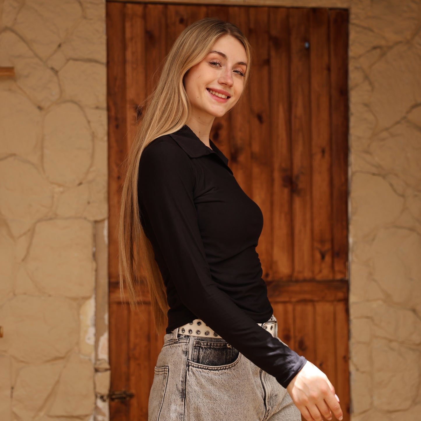 La Reine Black Long Sleeve Polo Top