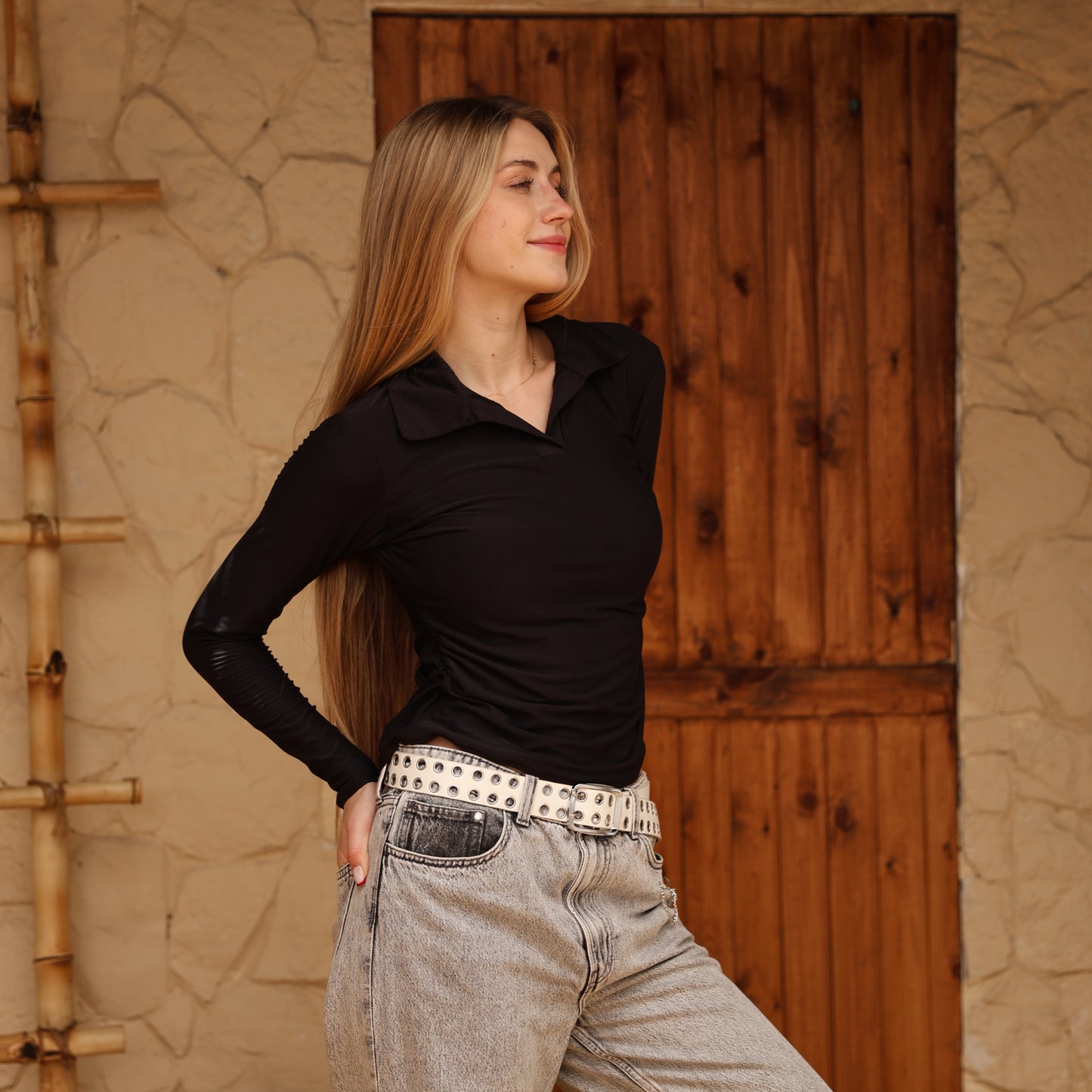 La Reine Black Long Sleeve Polo Top