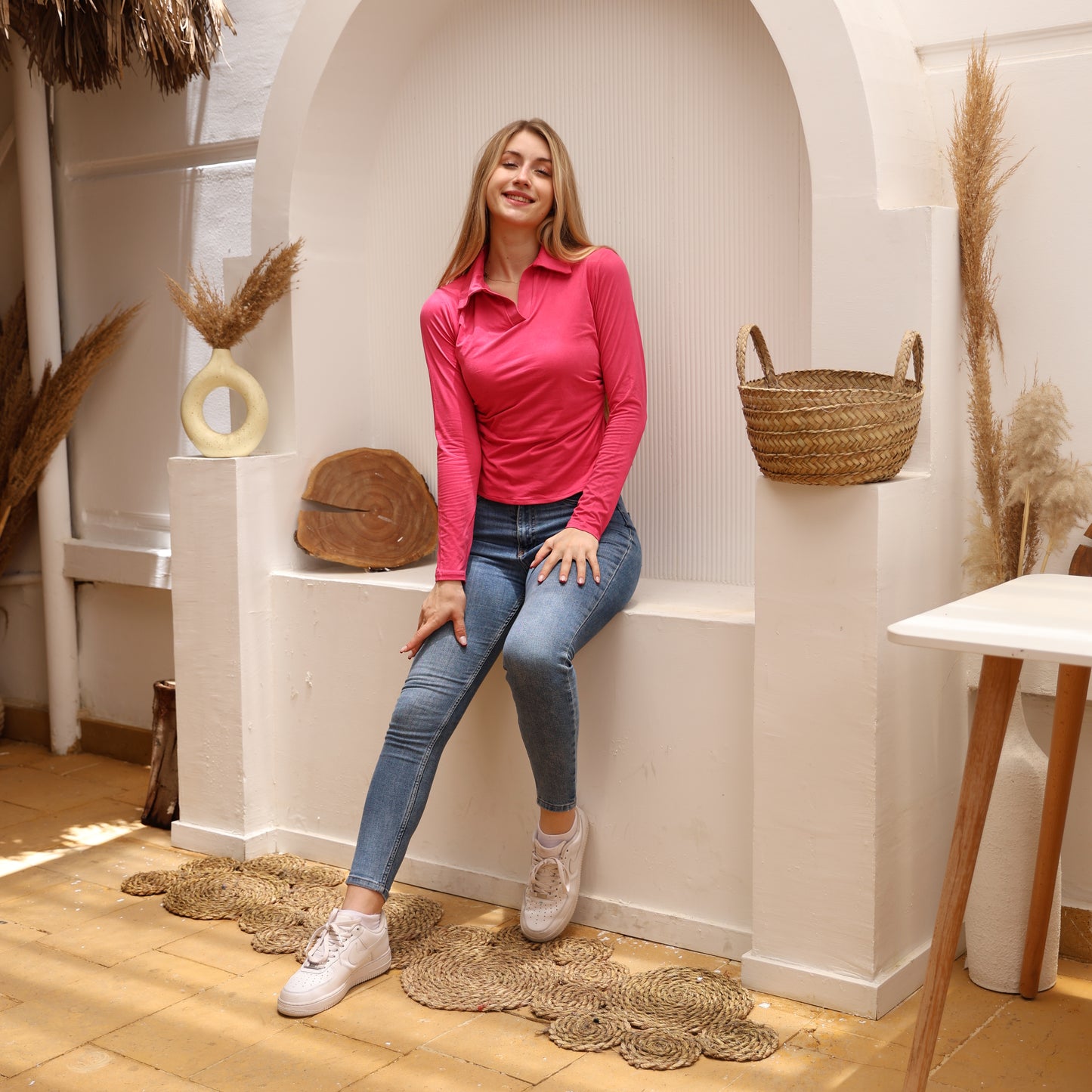 La Reine Fuchsia Long Sleeve Polo Top