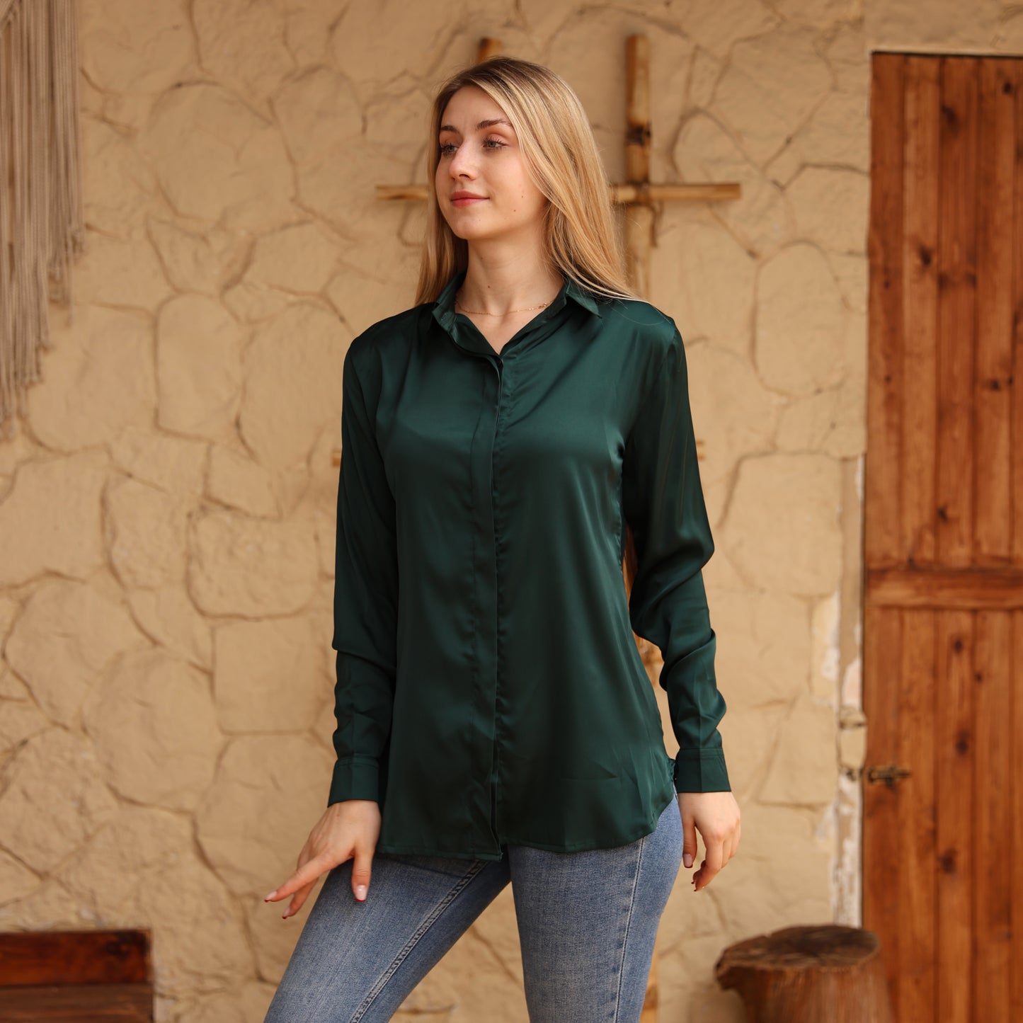 La Reine Elegant Olive Satin Shirt