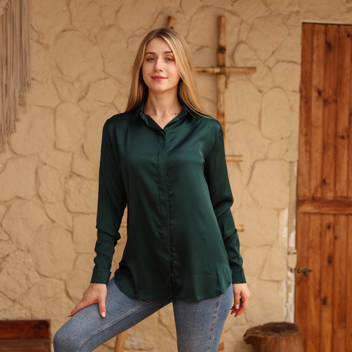 La Reine Elegant Olive Satin Shirt