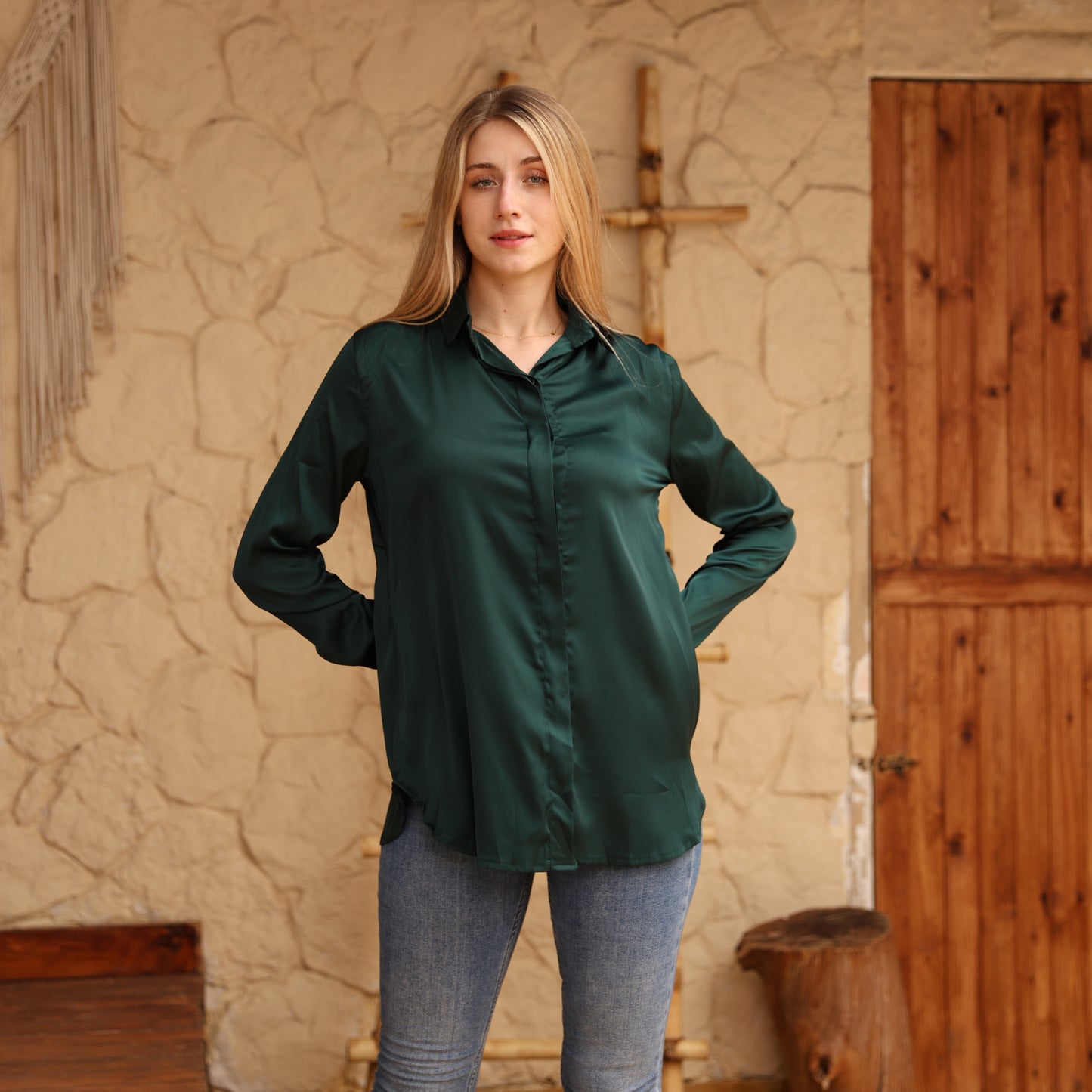 La Reine Elegant Olive Satin Shirt