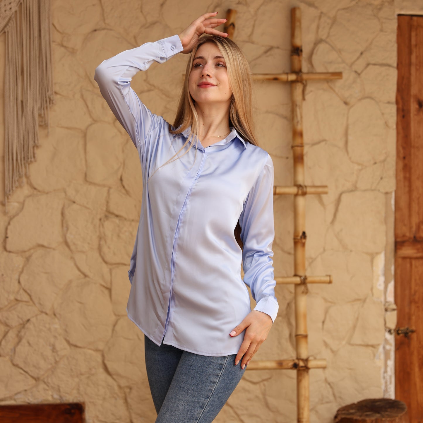 La Reine Elegant Baby Blue Satin Shirt