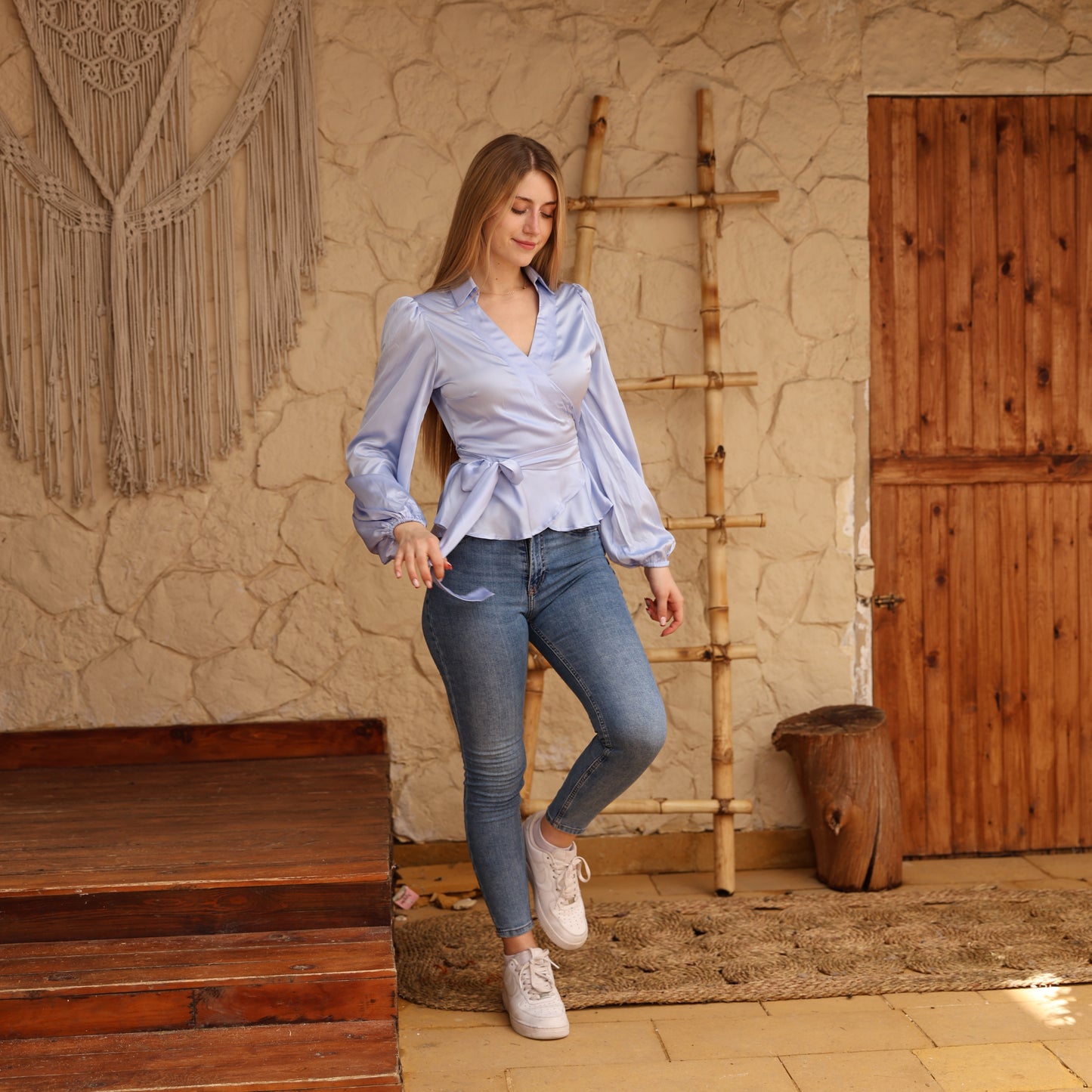 La Reine Collar Wrap Knot Side Satin Blouse Baby Blue