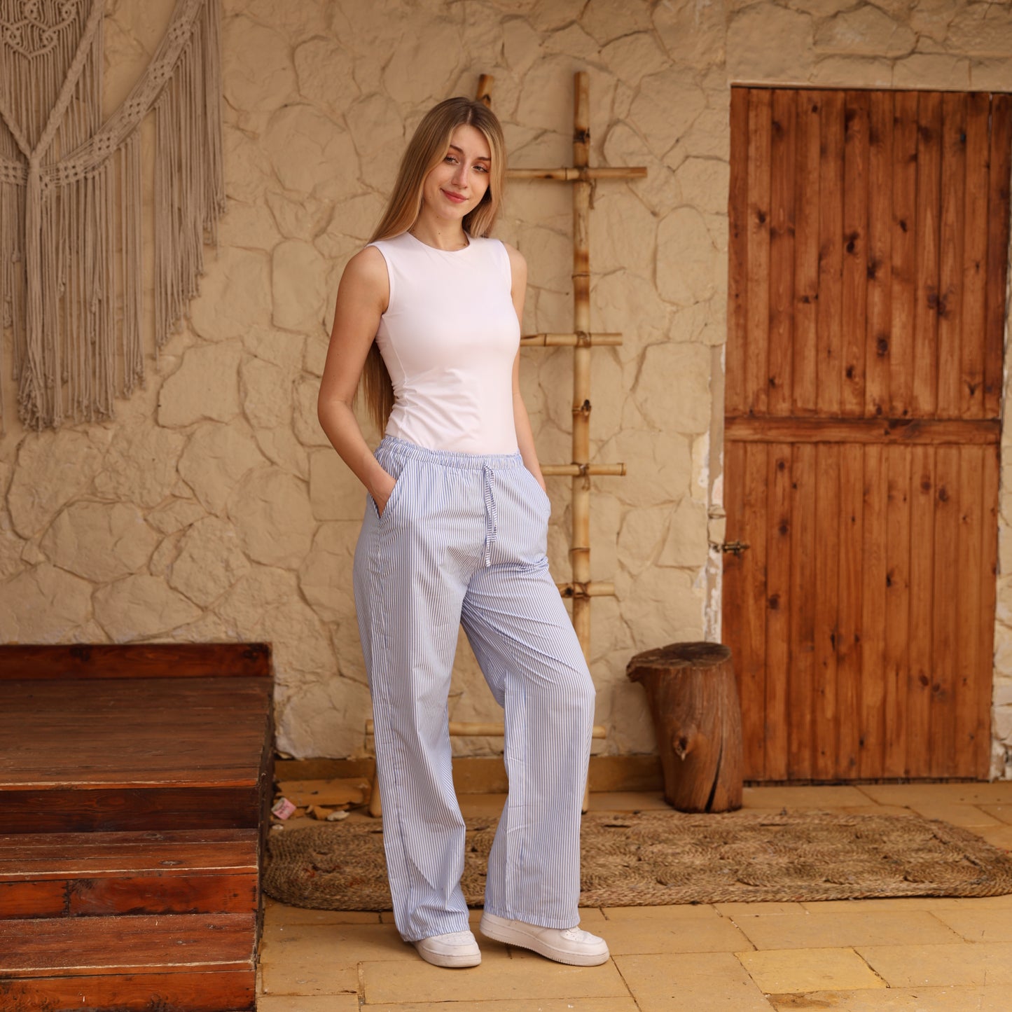 La Reine Wide-Leg Baby Blue Striped Pants High-Waisted