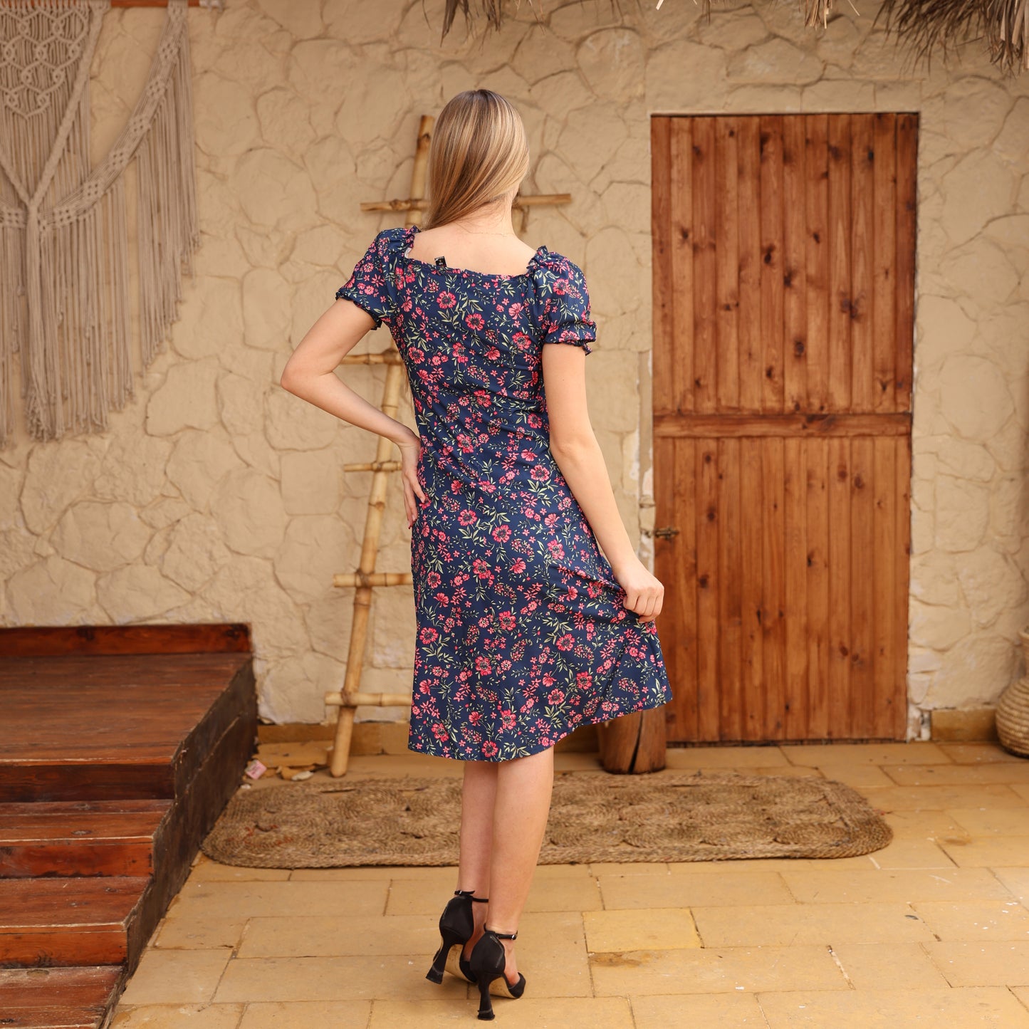 La Reine Navy Floral Ruched Dress