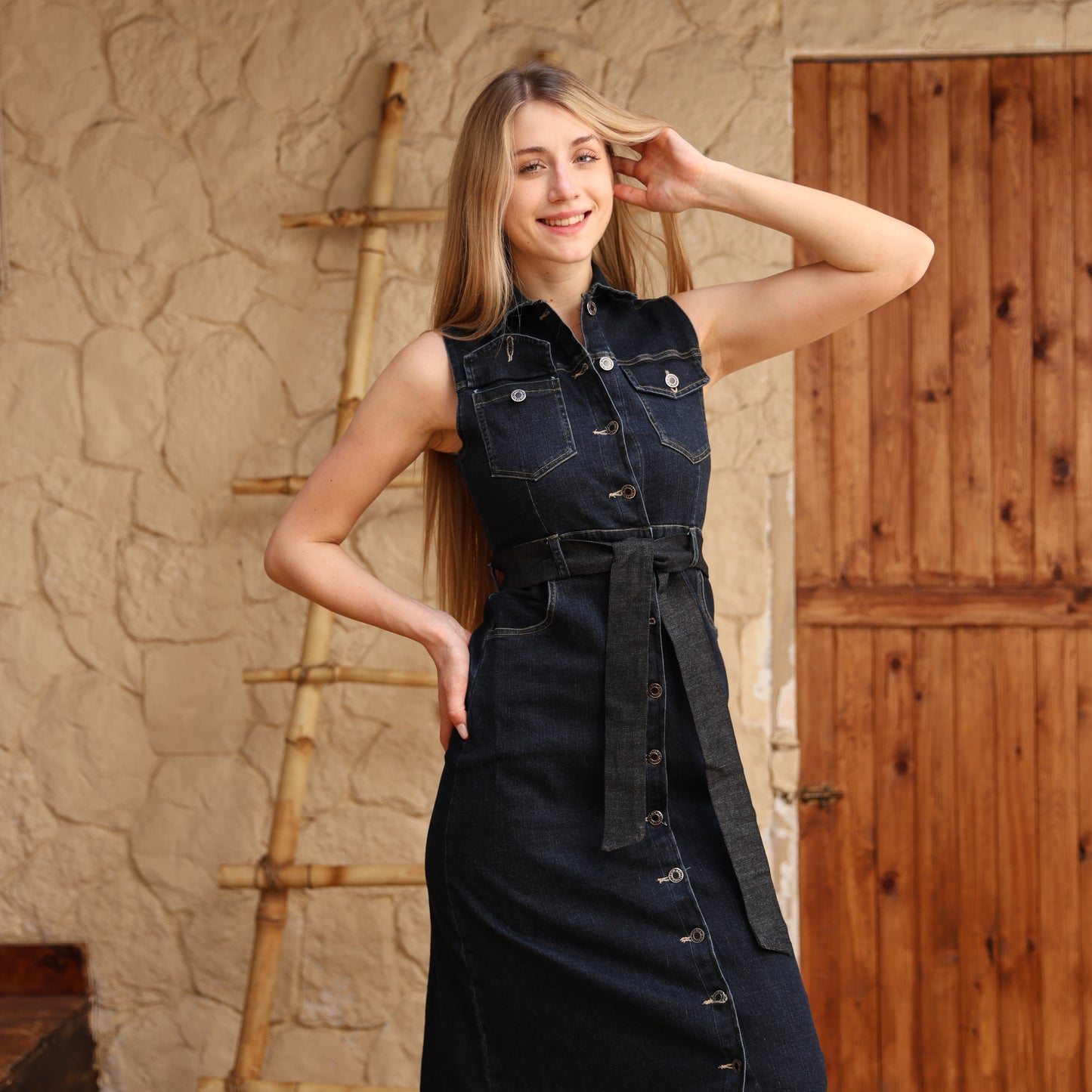 La Reine Blue Black Sleeveless Midi Denim Dress With Front Buttons And Belt