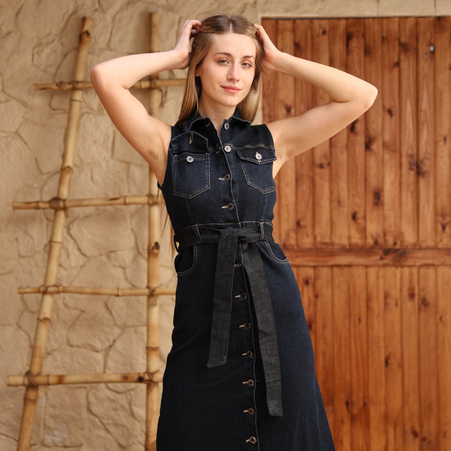 La Reine Blue Black Sleeveless Midi Denim Dress With Front Buttons And Belt