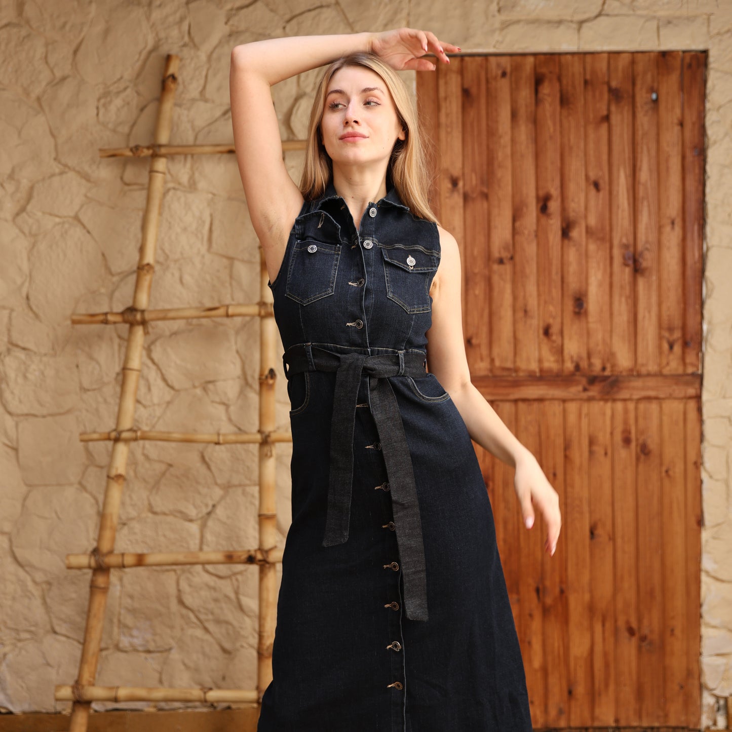 La Reine Blue Black Sleeveless Midi Denim Dress With Front Buttons And Belt
