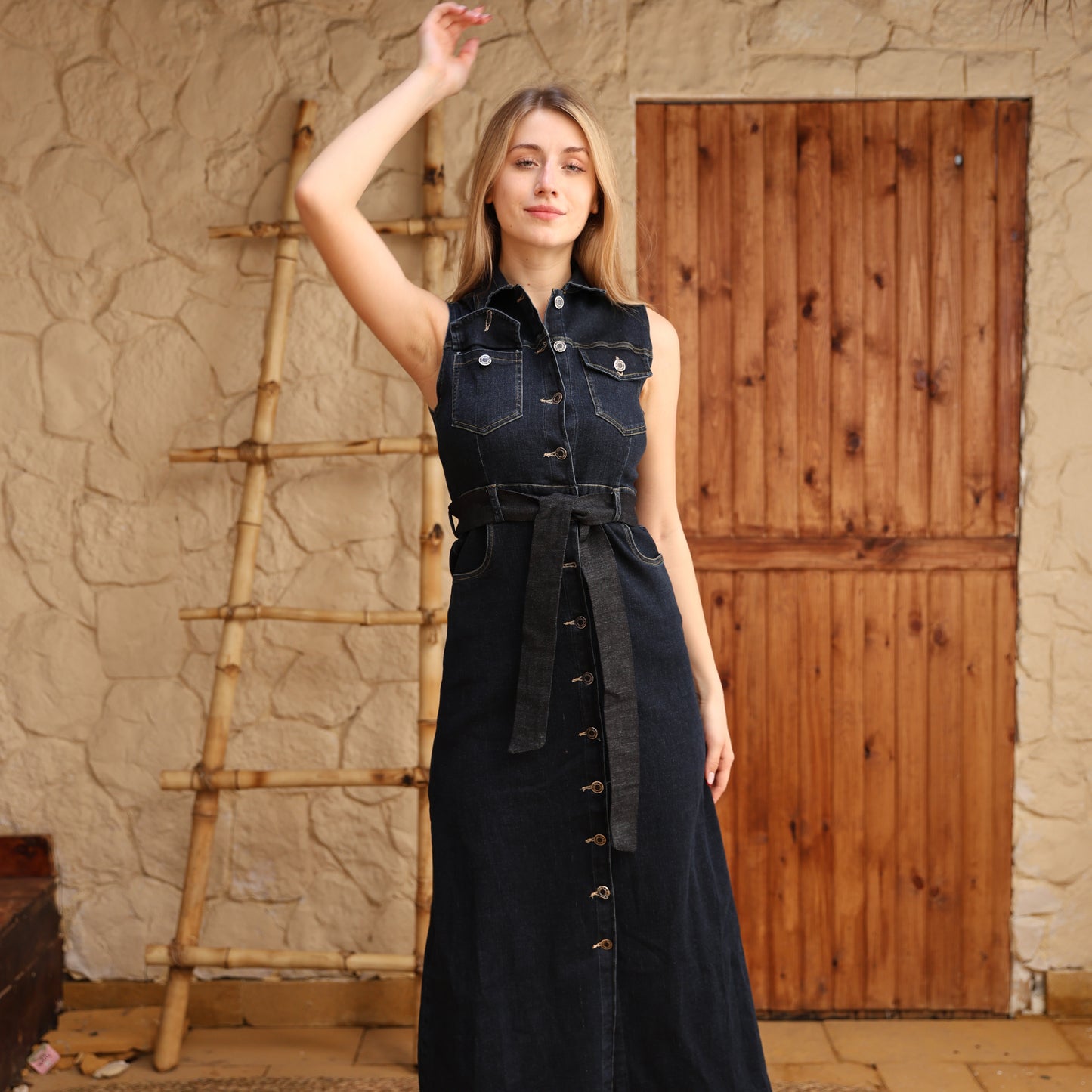 La Reine Blue Black Sleeveless Midi Denim Dress With Front Buttons And Belt