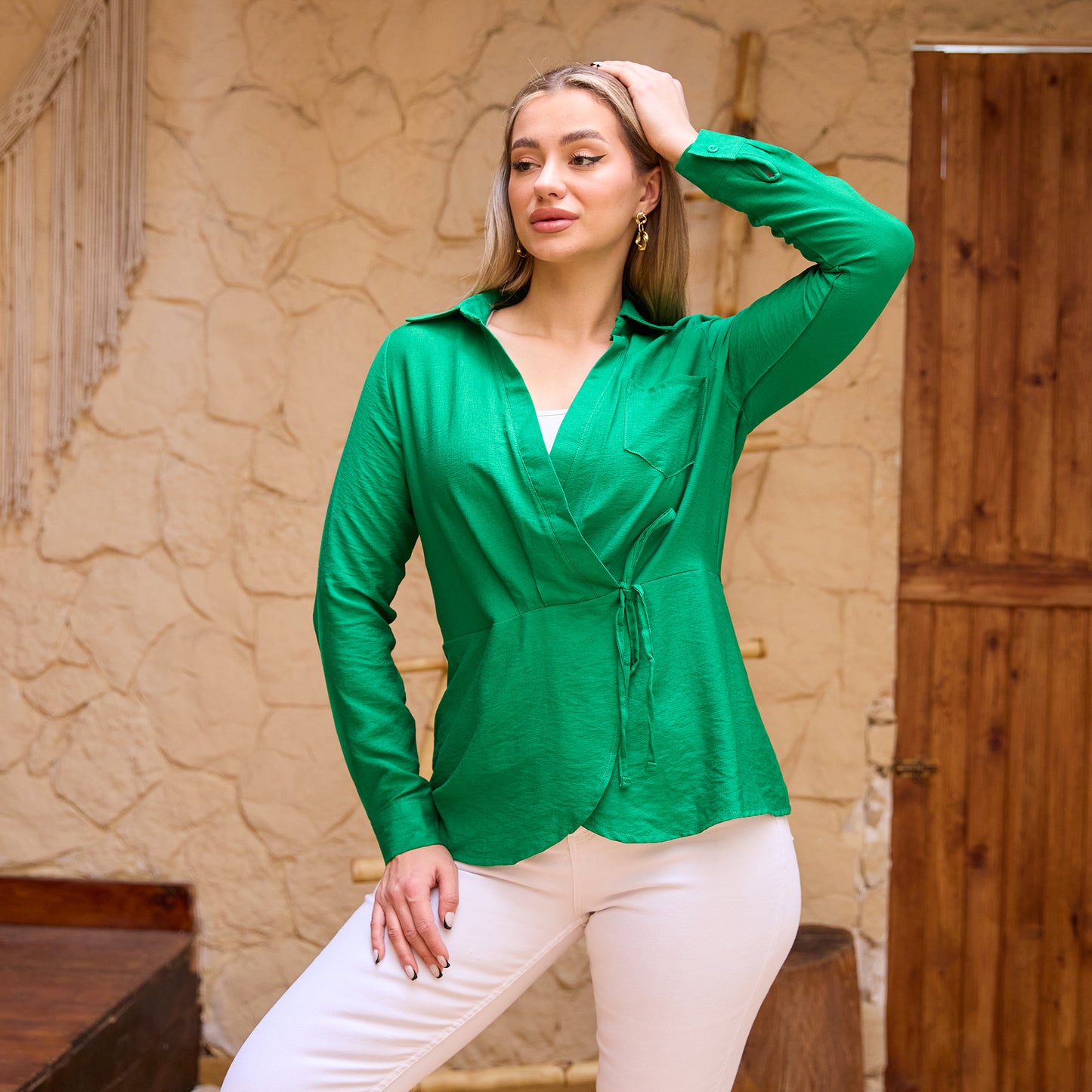 La Reine Elegant Green Blouse With a Tie Waist