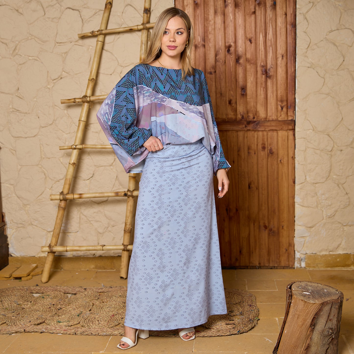 La Reine Oversized Top with A-Line Skirt, Abstract Pastel Pattern, Puff Sleeves , Suit Set