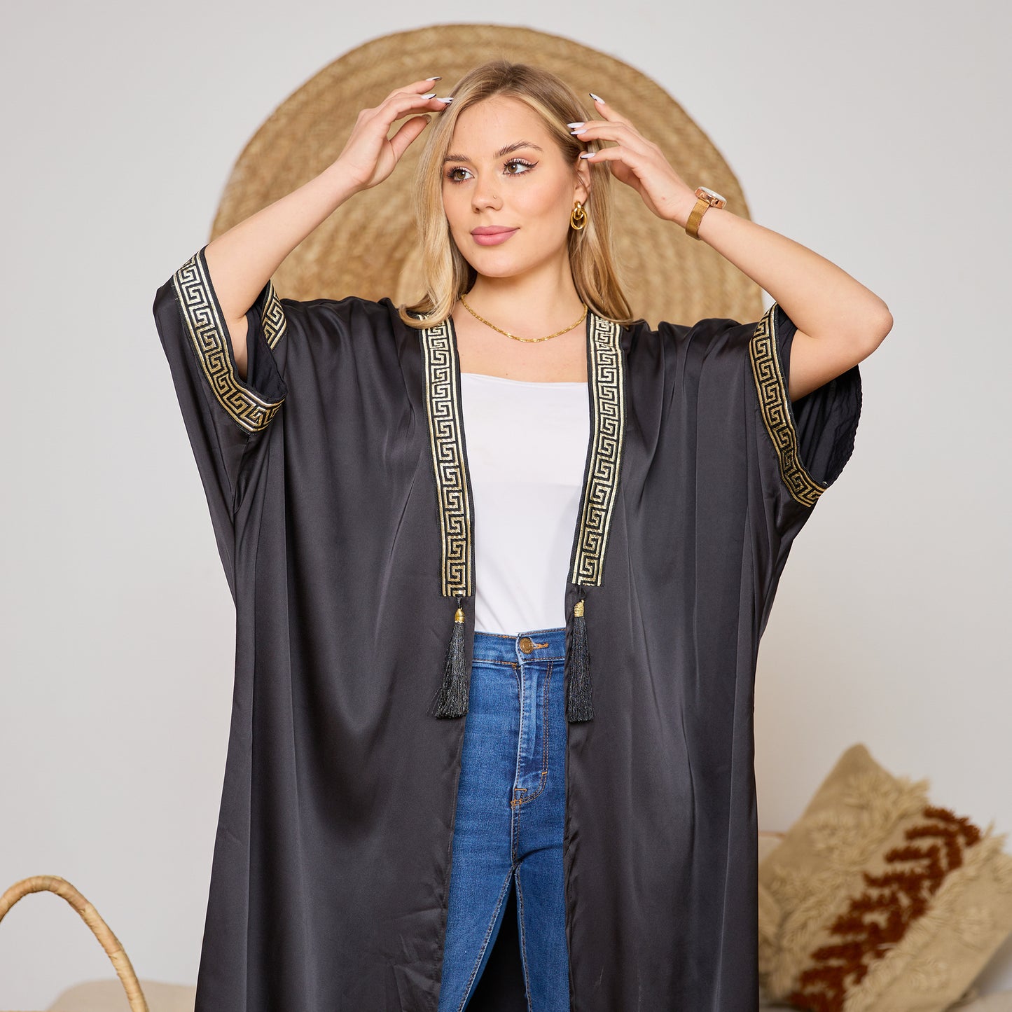 La Reine Black Elegant Embroidered Satin Cardigan with Wide Sleeves