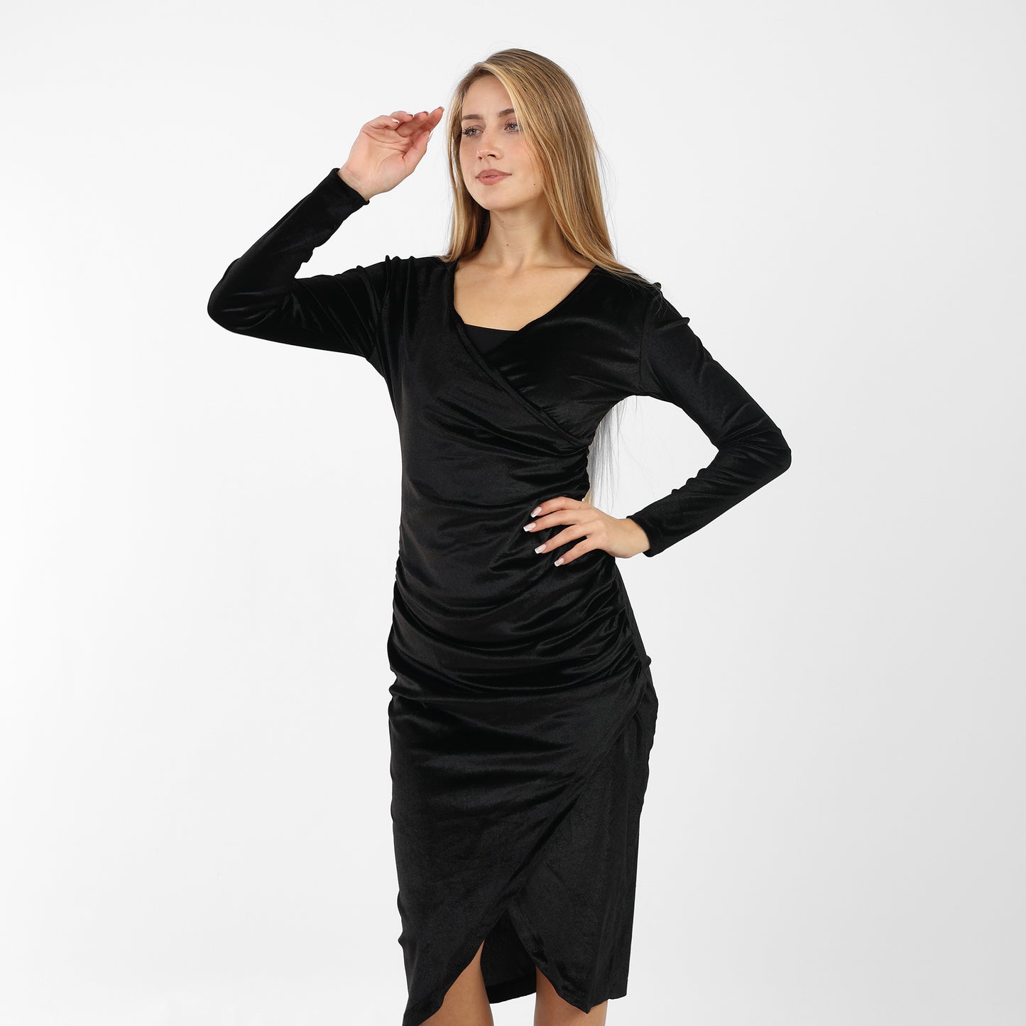 La Reine Black Elegant Wrap Velvet Midi Dress