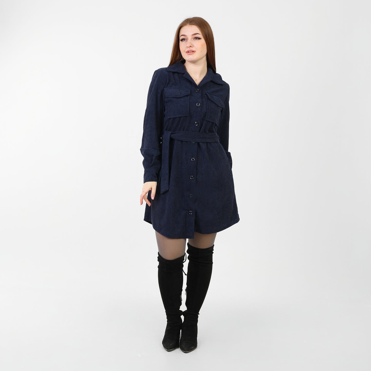 La Reine Front Button Casual Blue Black Shirt Dress