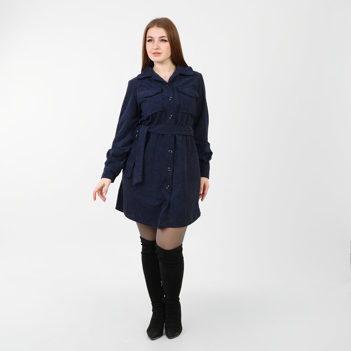 La Reine Front Button Casual Blue Black Shirt Dress