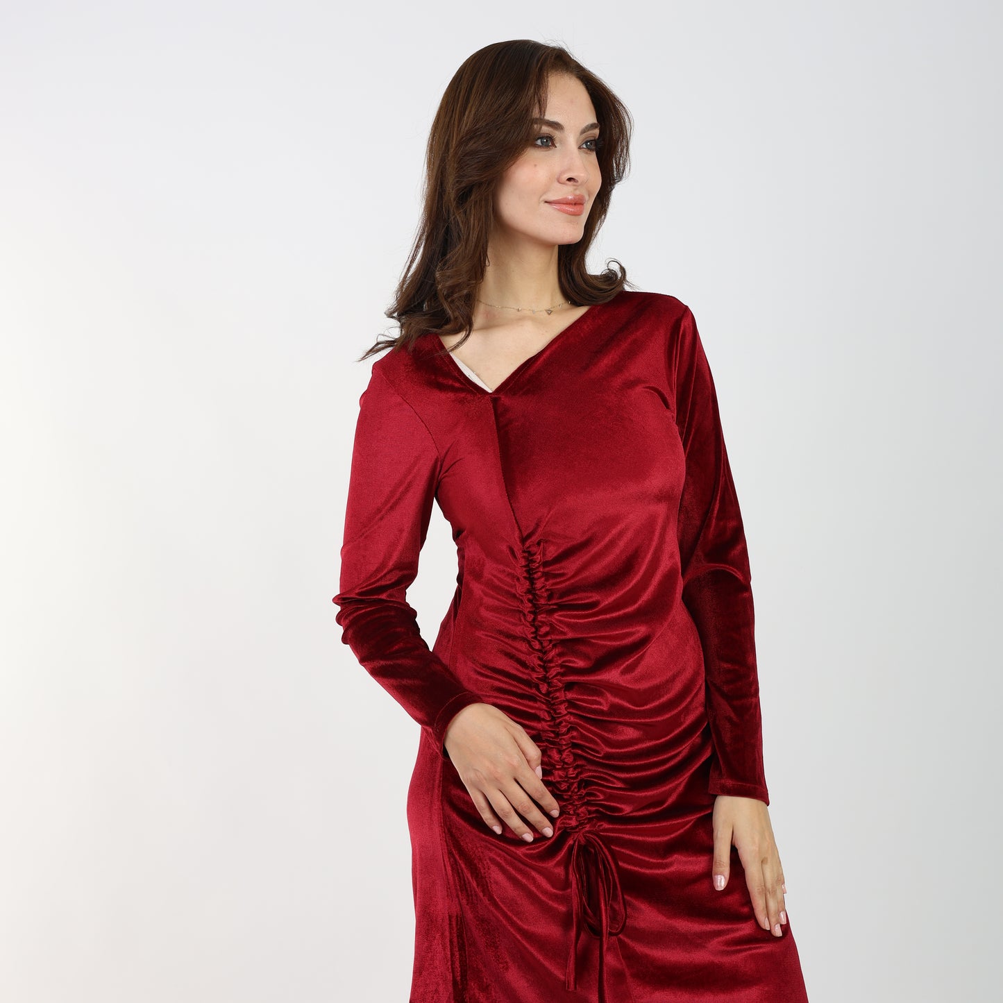 La Reine Brugeundy Velvet Asymmetric Midi Dress
