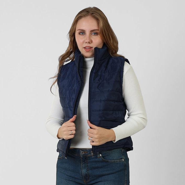 La Reine Blue Black Stand Collar Lightweight Short Down Vest