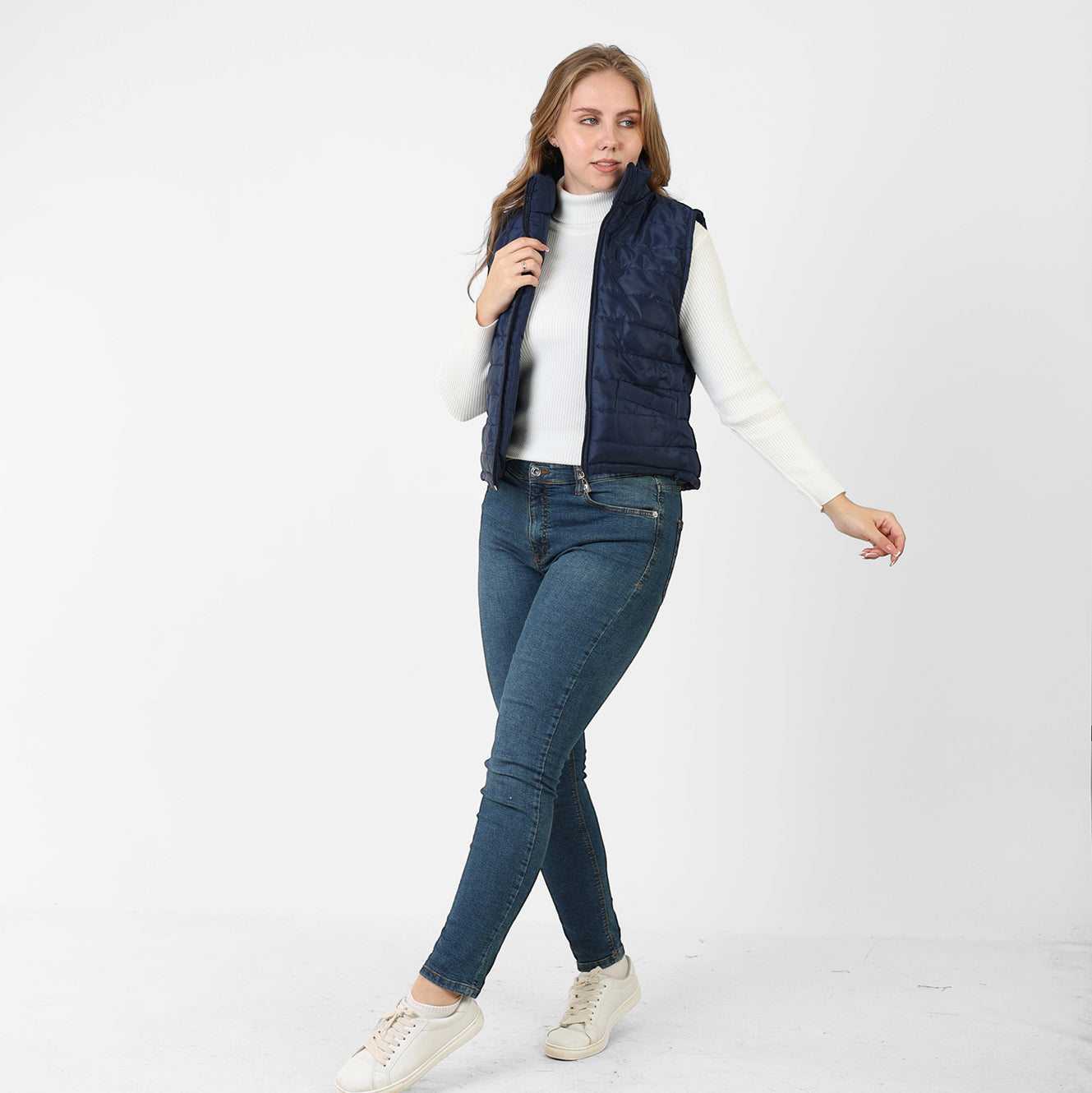 La Reine Blue Black Stand Collar Lightweight Short Down Vest