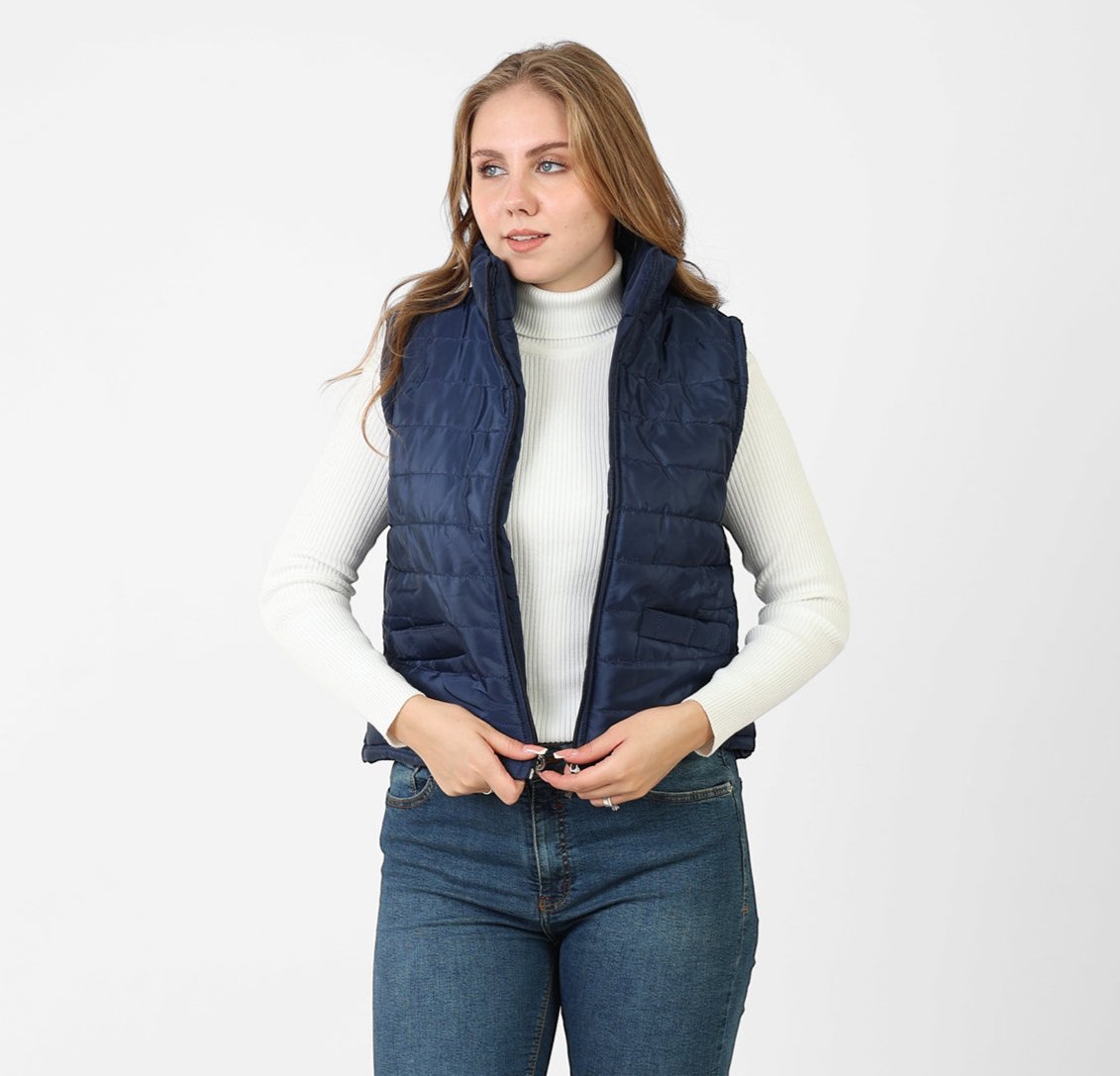 La Reine Blue Black Stand Collar Lightweight Short Down Vest