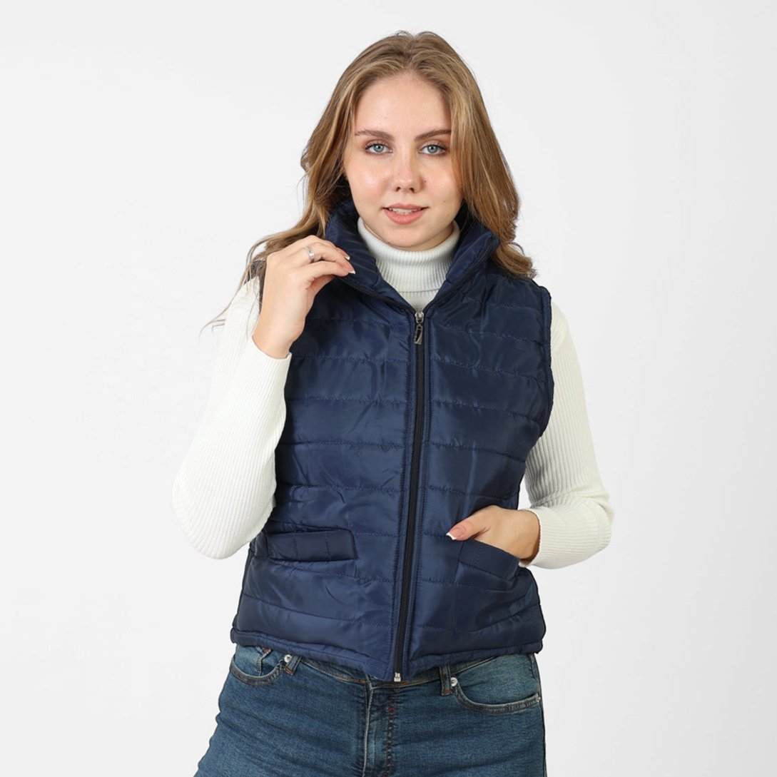 La Reine Blue Black Stand Collar Lightweight Short Down Vest