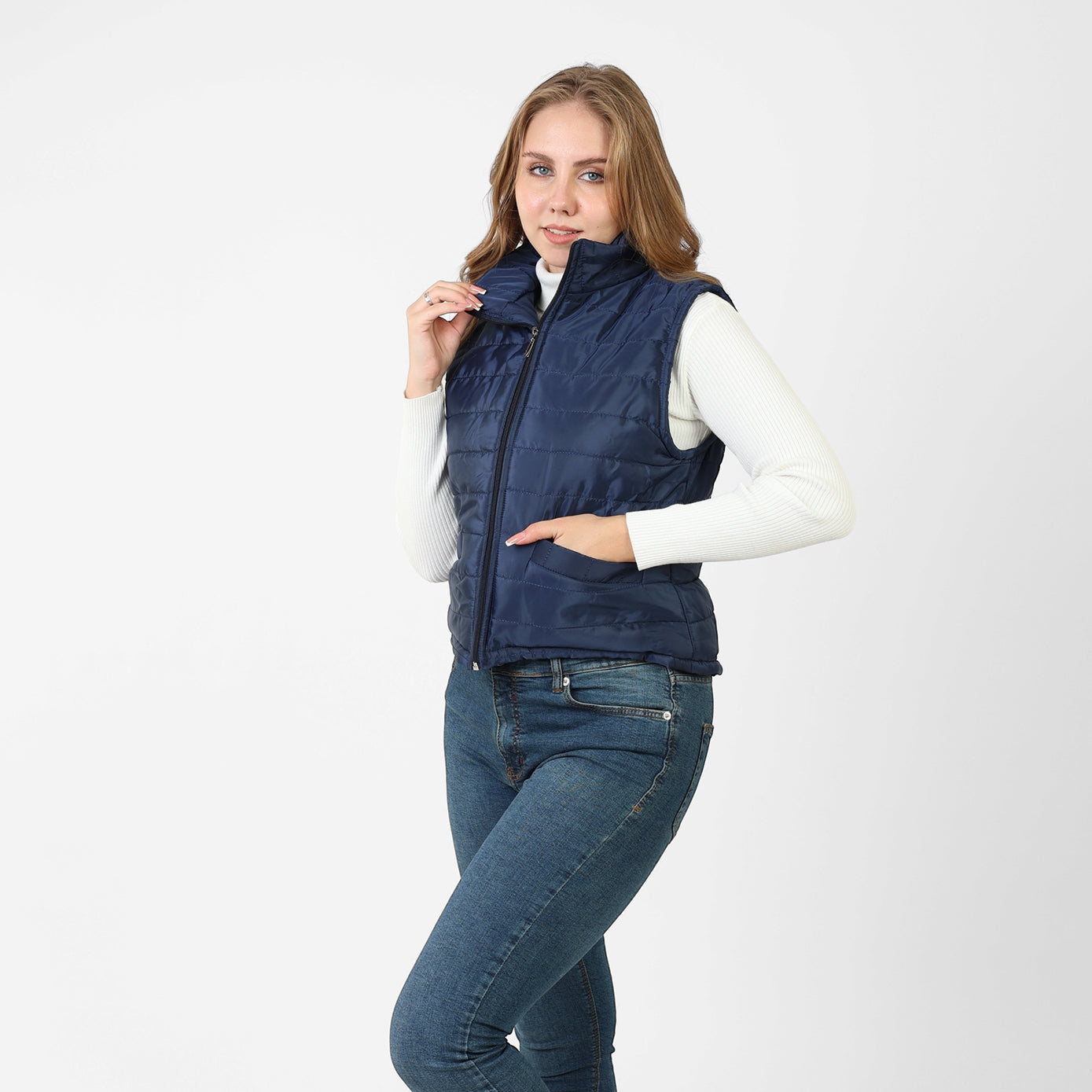La Reine Blue Black Stand Collar Lightweight Short Down Vest