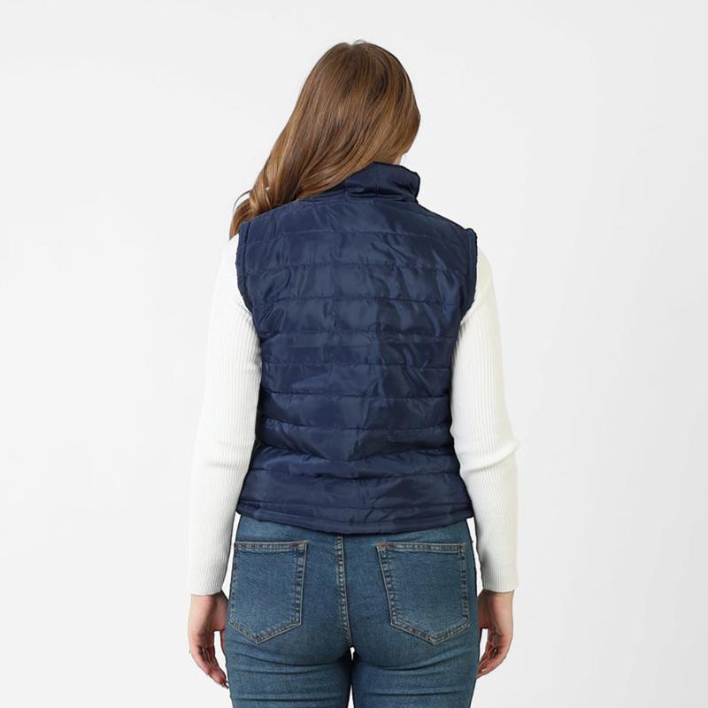 La Reine Blue Black Stand Collar Lightweight Short Down Vest