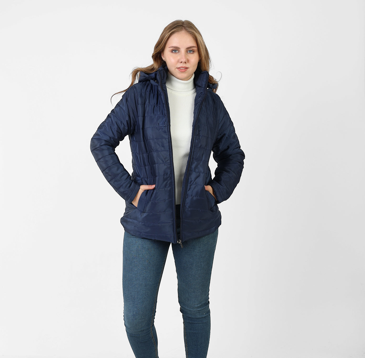 La Reine Blue Black Stand Collar Lightweight Hooded Jacket