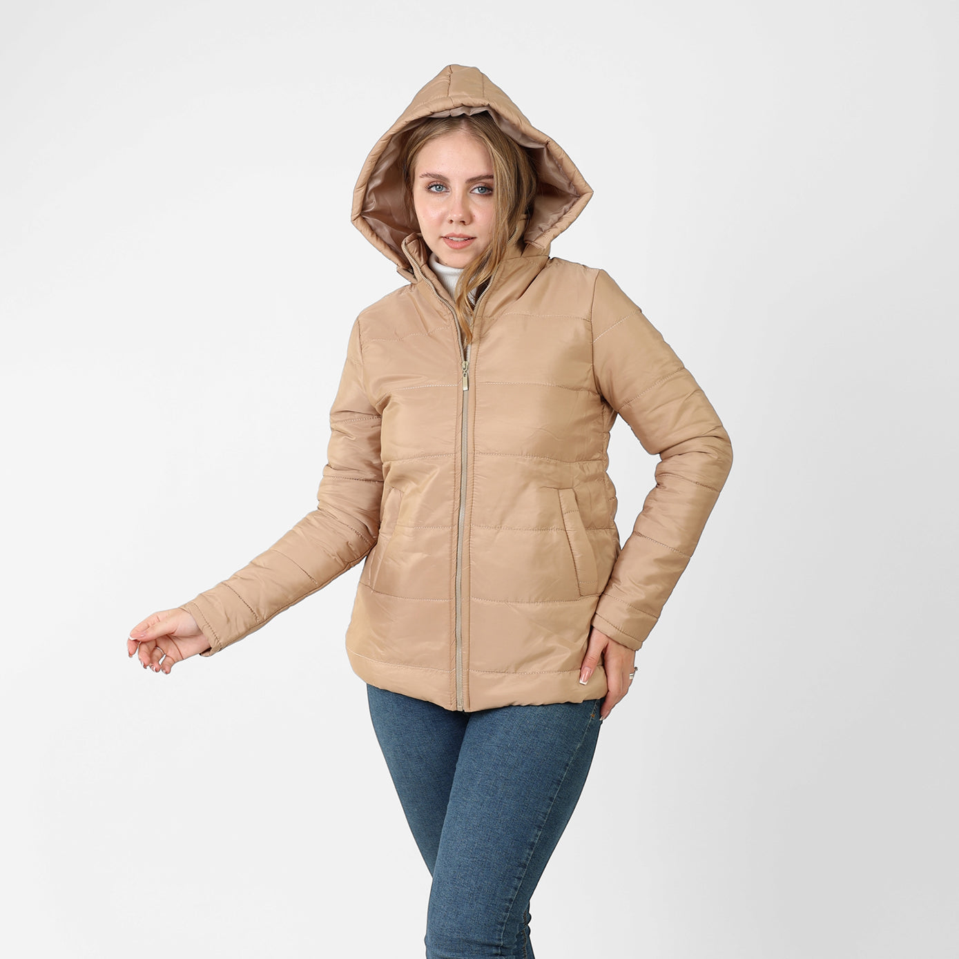 La Reine Biege Stand Collar Lightweight Hooded Jacket