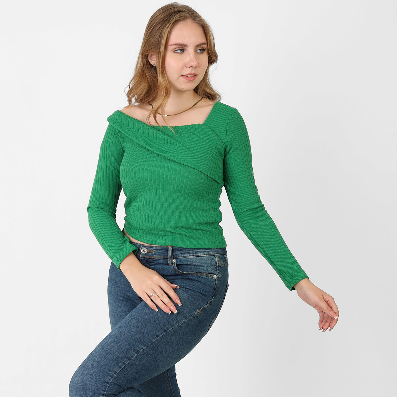 La Reine Green Asymmetric Neckline Long Sleeve Top