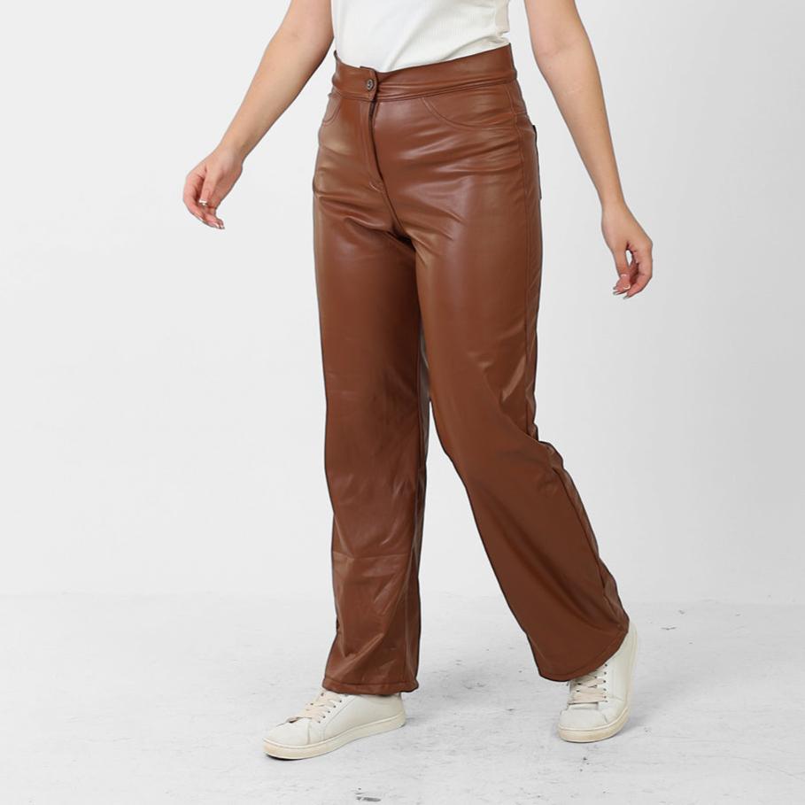 La Reine Brown Leather Straight Leg Pants