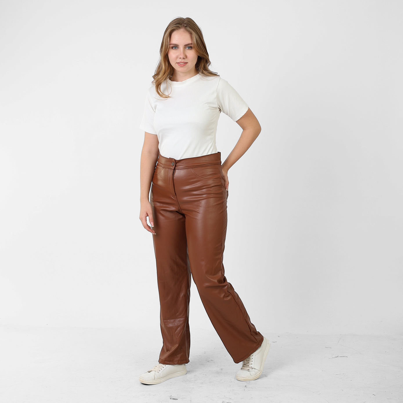 La Reine Brown Leather Straight Leg Pants
