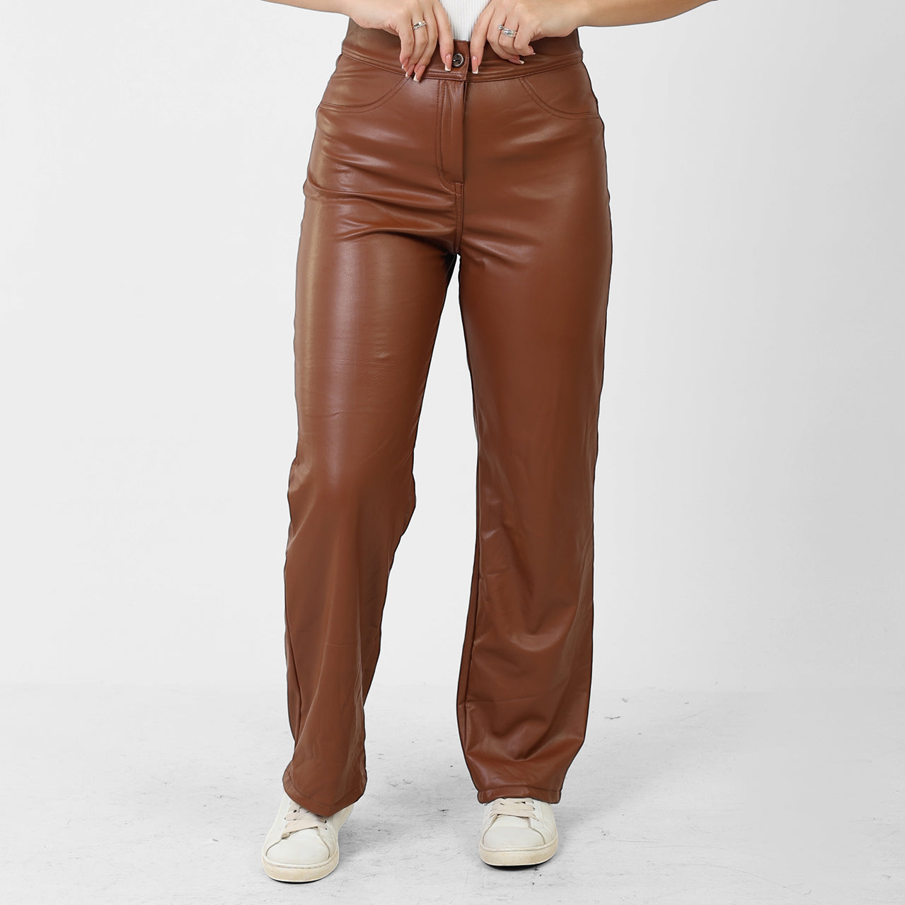La Reine Brown Leather Straight Leg Pants