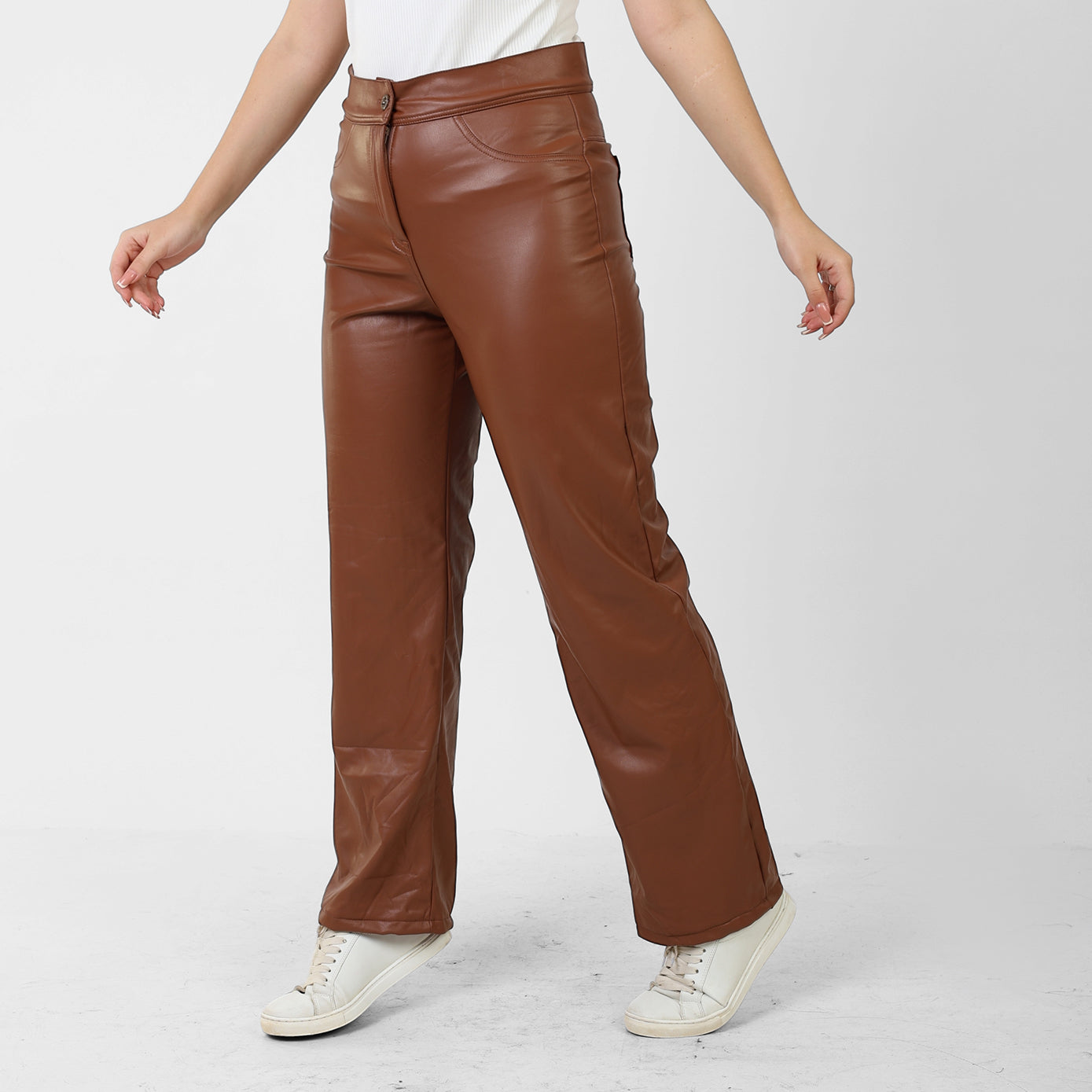 La Reine Brown Leather Straight Leg Pants