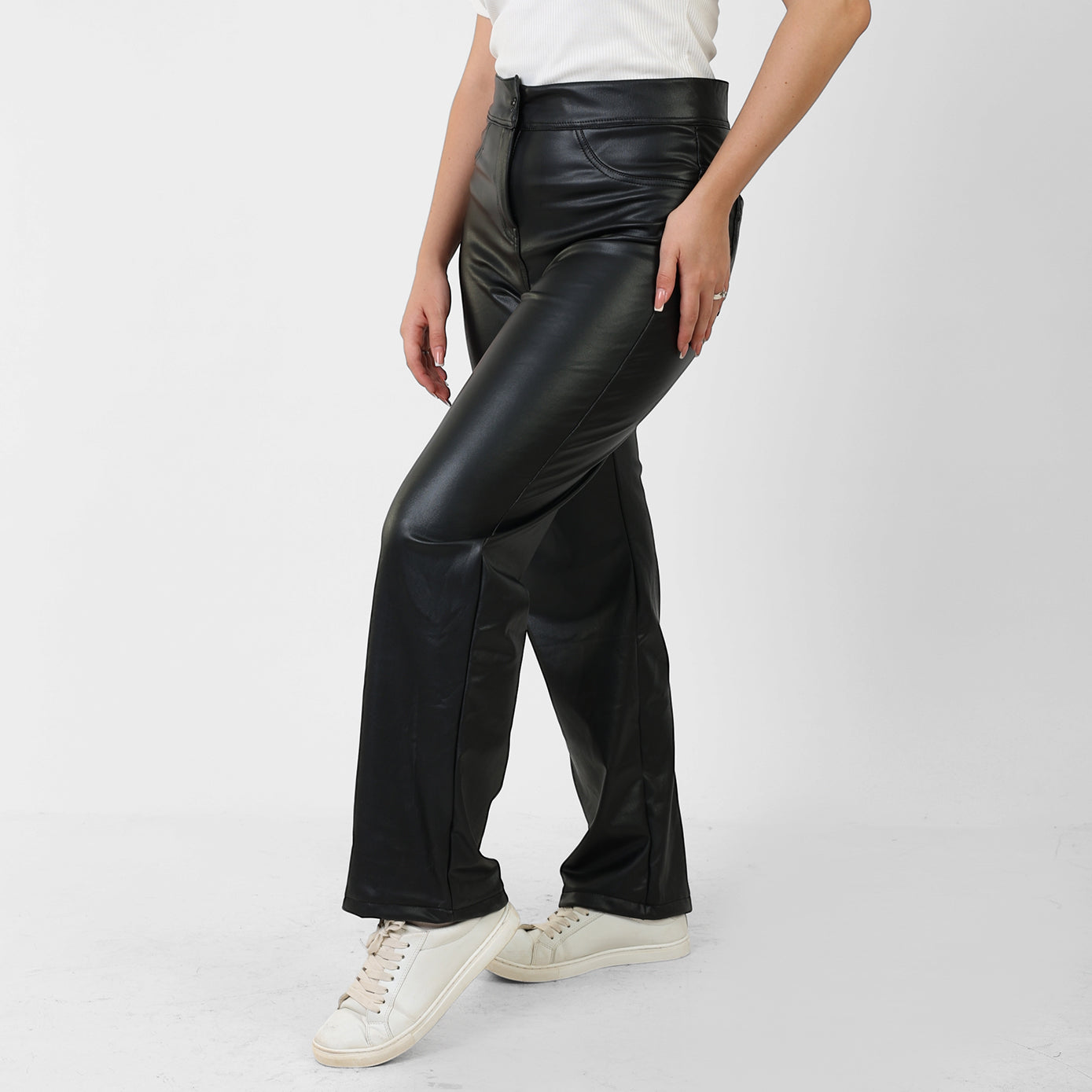 La Reine Black Leather Straight Leg Pants