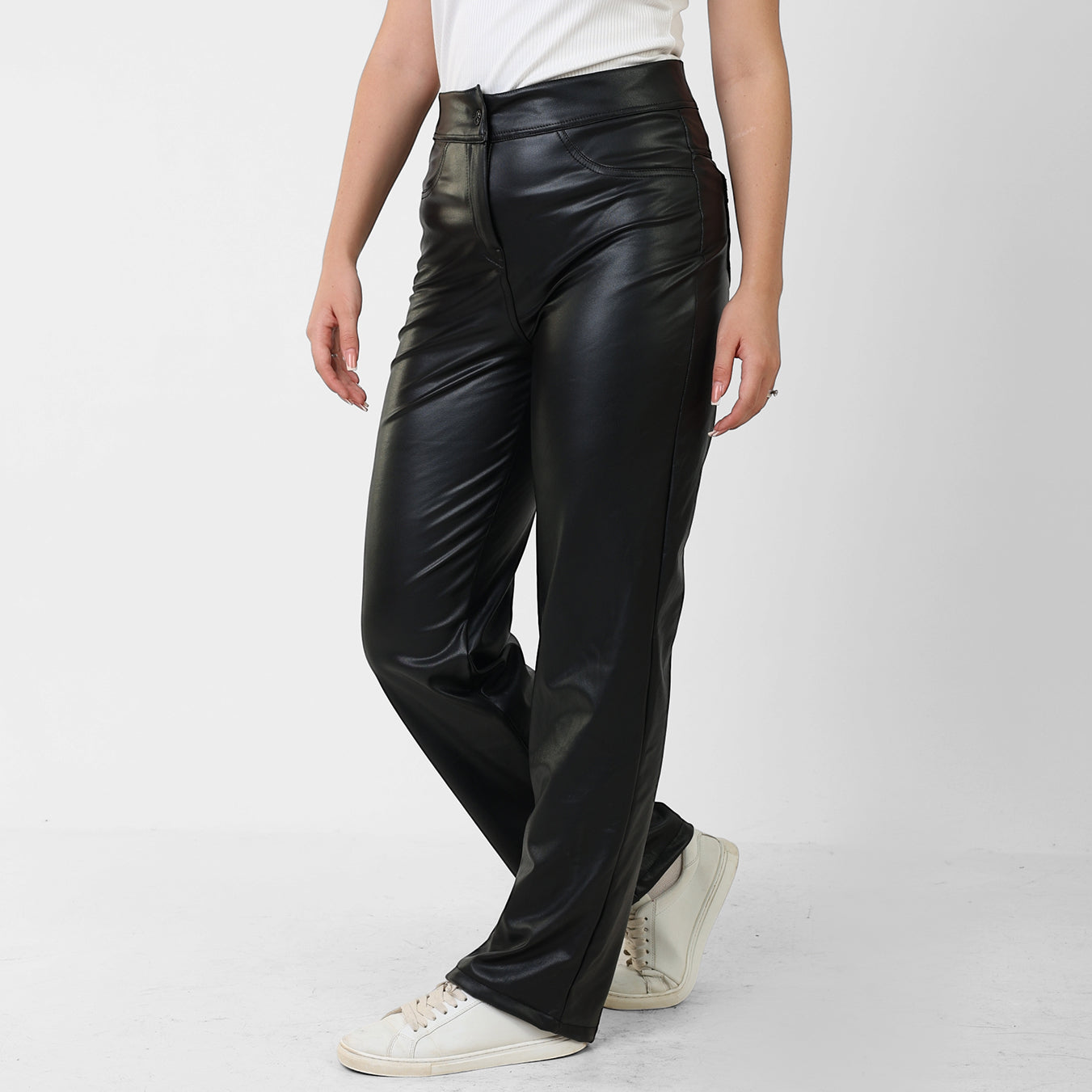 La Reine Black Leather Straight Leg Pants