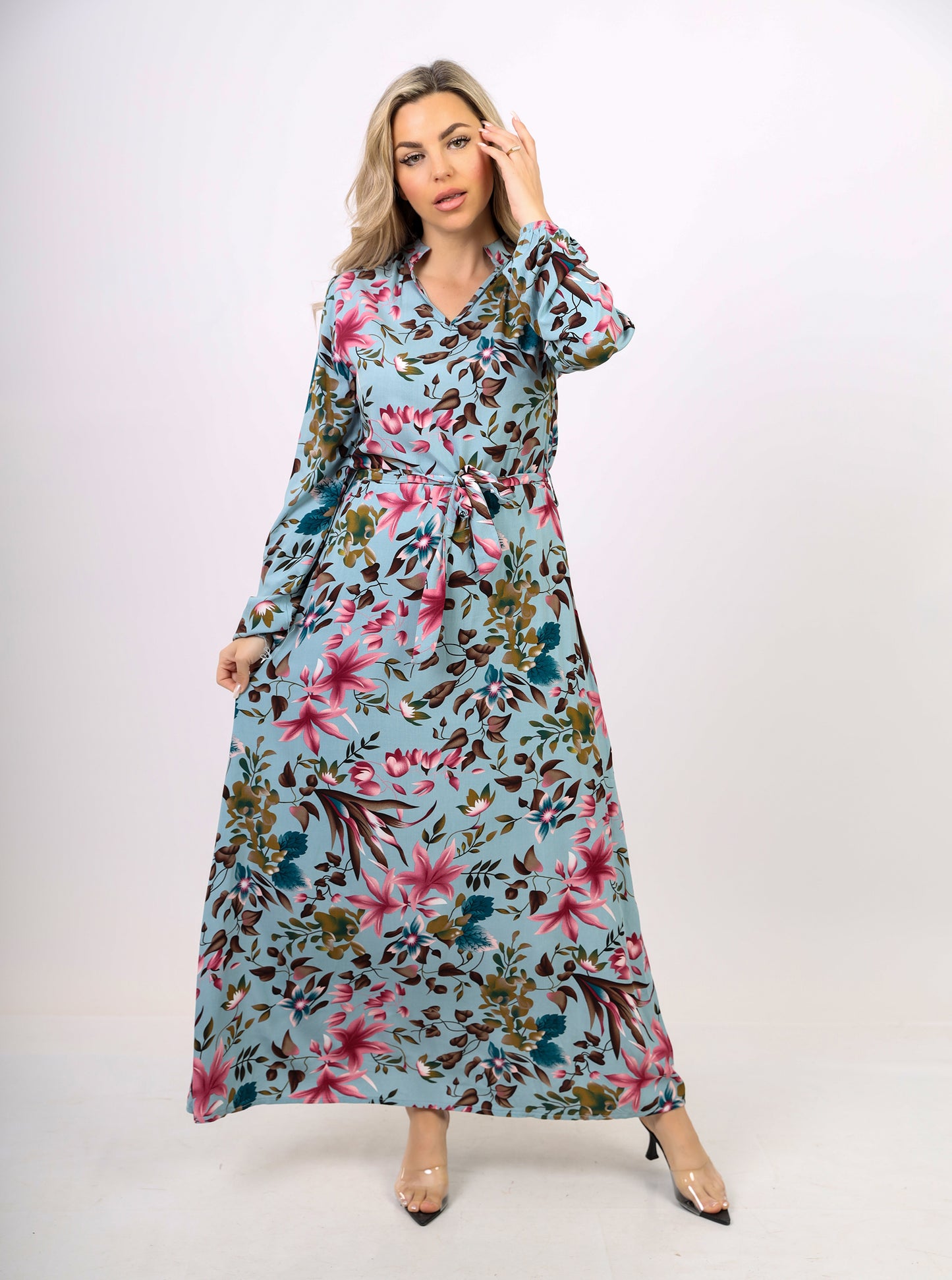 La Reine Floral Lantern Sleeve Front Button Maxi Dress