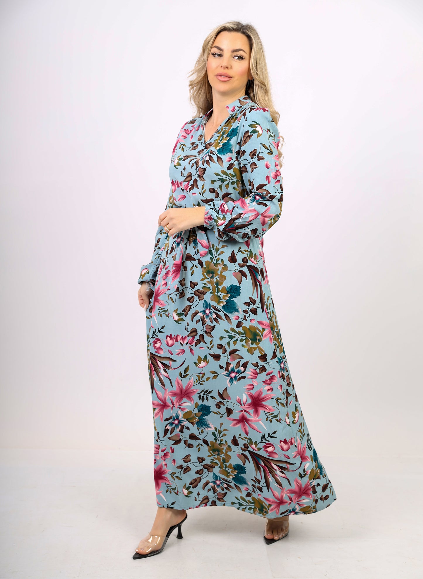 La Reine Floral Lantern Sleeve Front Button Maxi Dress