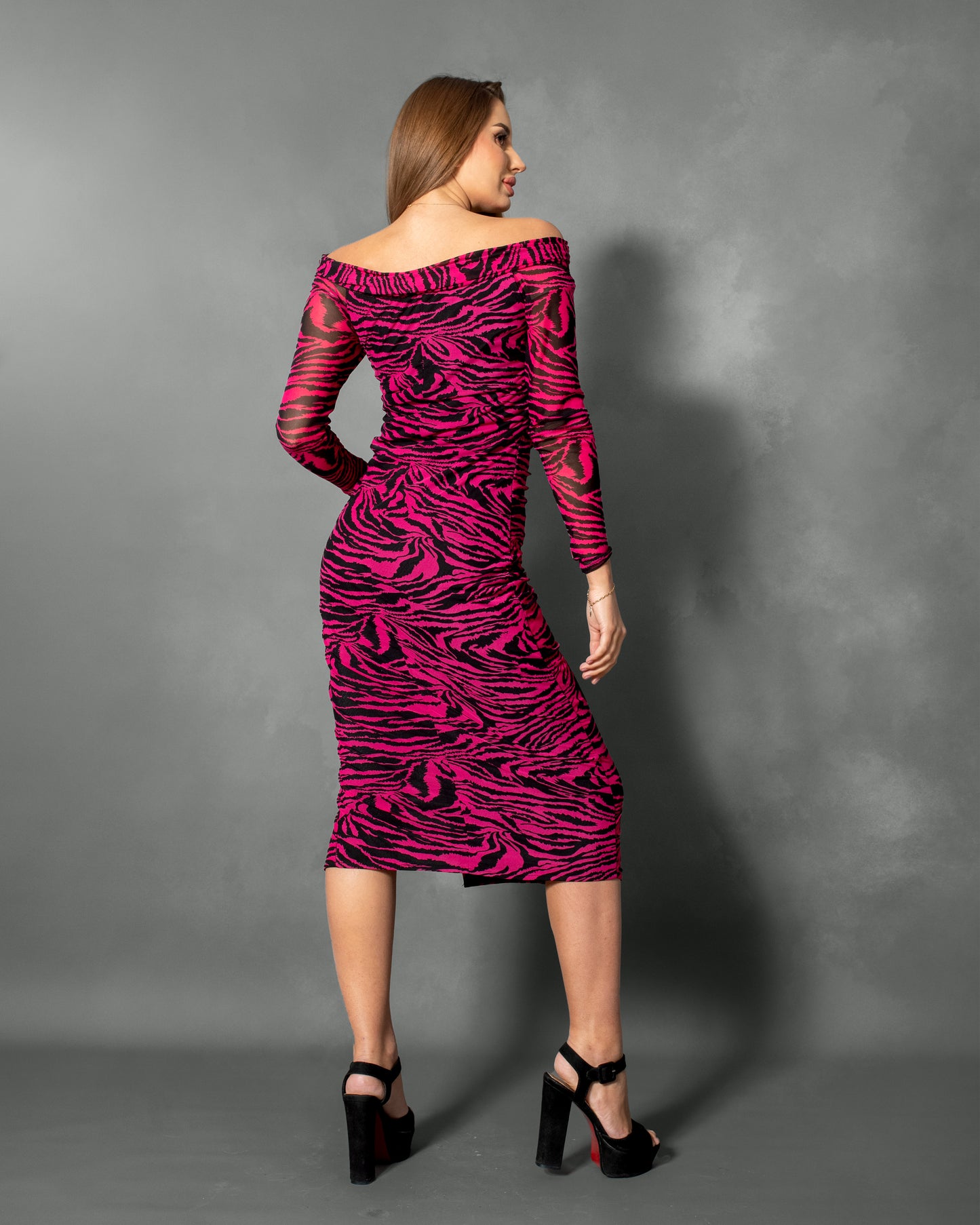 La Reine Zebra Off Shoulder Split Thigh Dress