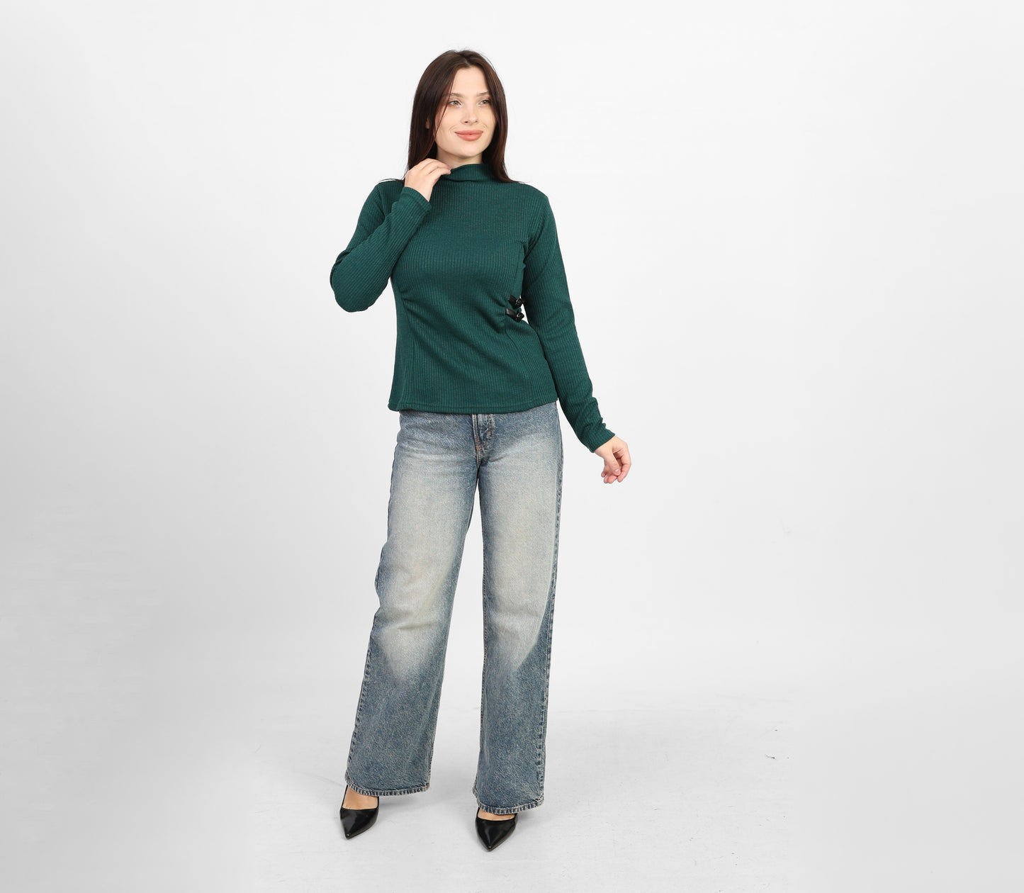 La Reine Olive Ribbed Knit Mock Neck Blouse with Side Buckle Detail