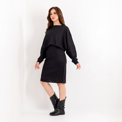 La Reine Black 2 Peices Set, Long Batwing Sleeve Top and Sleeveless Mini Dress