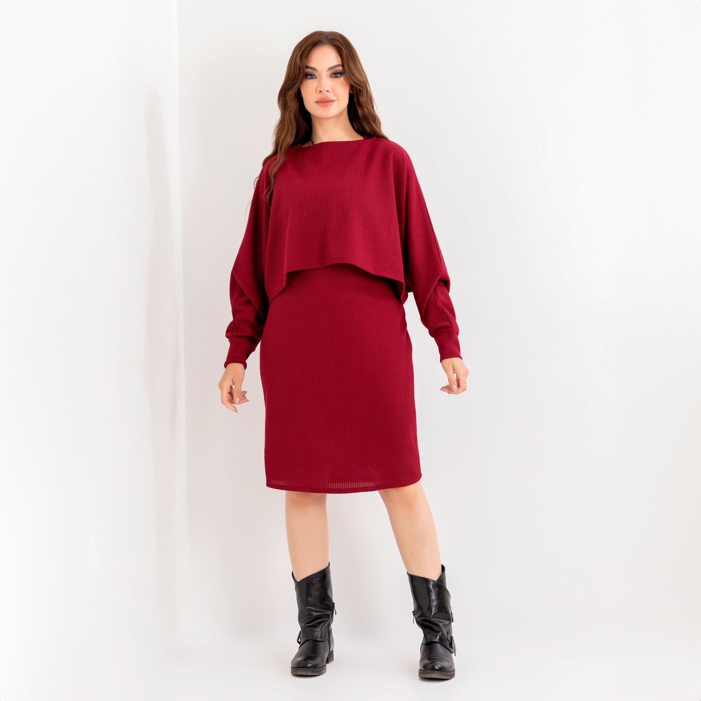 La Reine Burgundy 2 Peices Set, Long Batwing Sleeve Top and Sleeveless Mini Dress