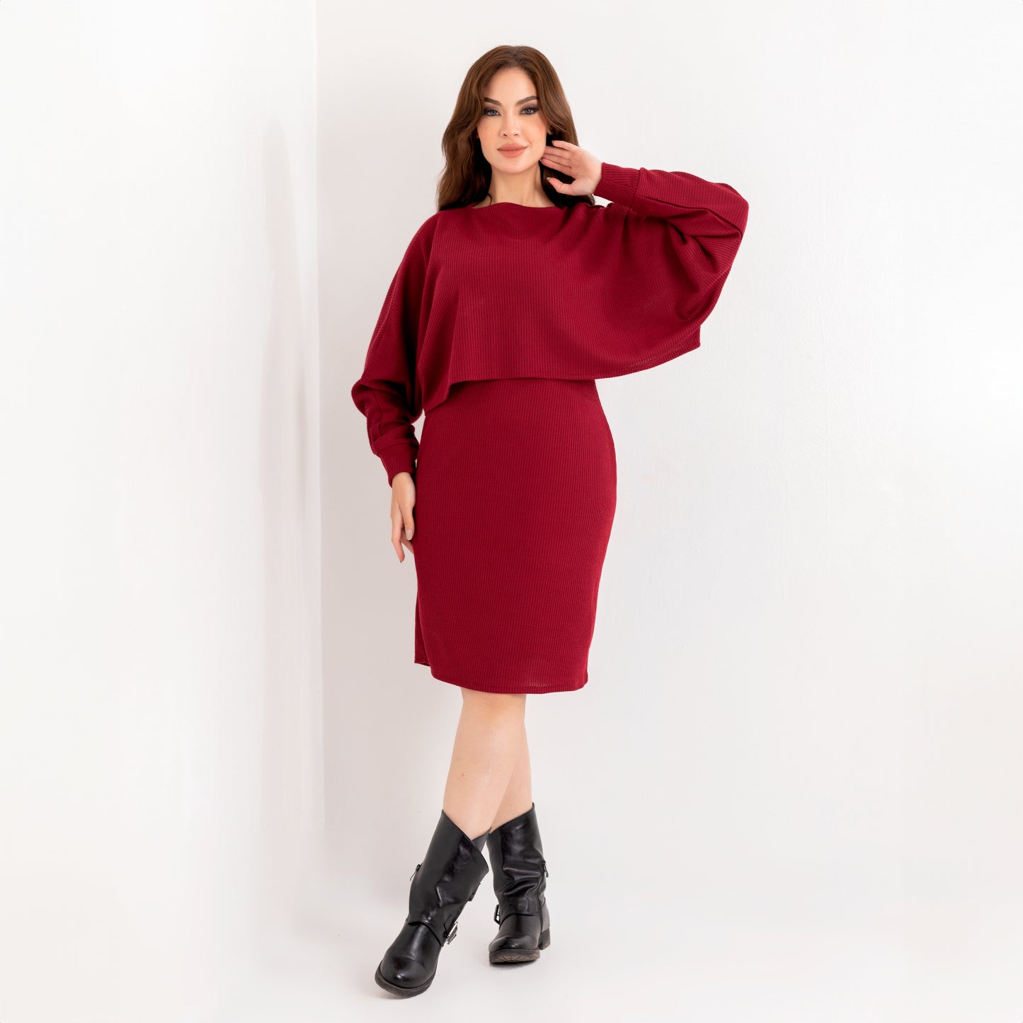 La Reine Burgundy 2 Peices Set, Long Batwing Sleeve Top and Sleeveless Mini Dress