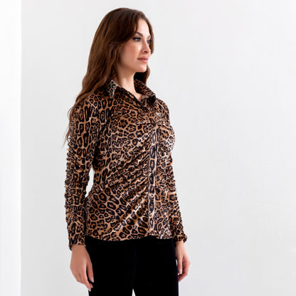 La Reine Leopard Long Sleeve Button Front Velvet Blouse